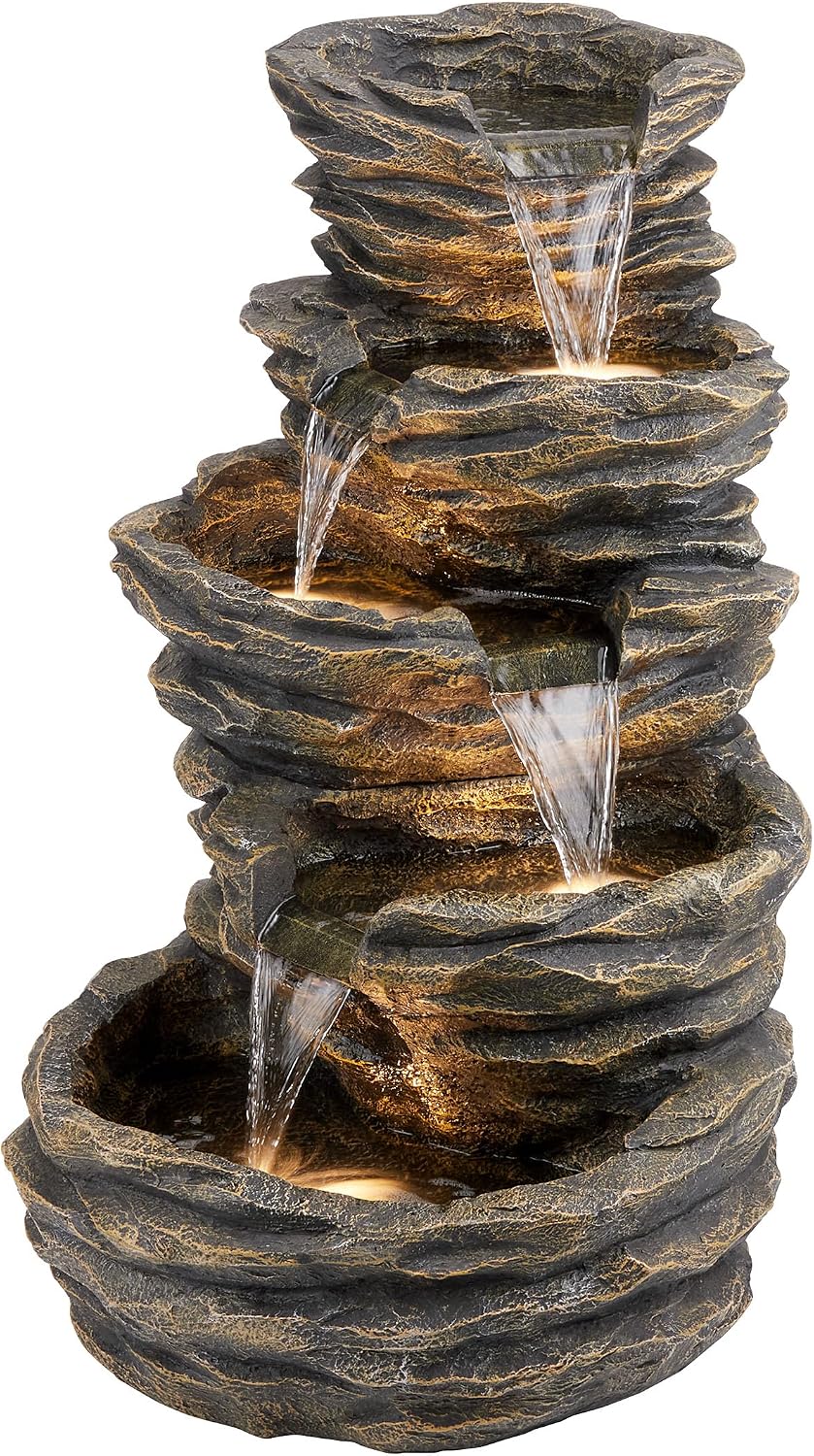 Alpine Corporation 39' Tall Outdoor 5 Tiered Natural Look Rock Water Floor Fountain with Replaceable Lights, Brown