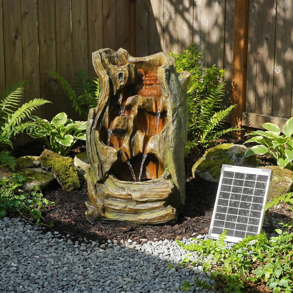 Bumilgar Solar Outdoor Water Fountain, 24.4' Tall Tree Stump Cascading Fountain with Solar Powered Pump, Realistic Wood Grain Resin Water Feature for Garden, Patio, Backyard and Yard Decor