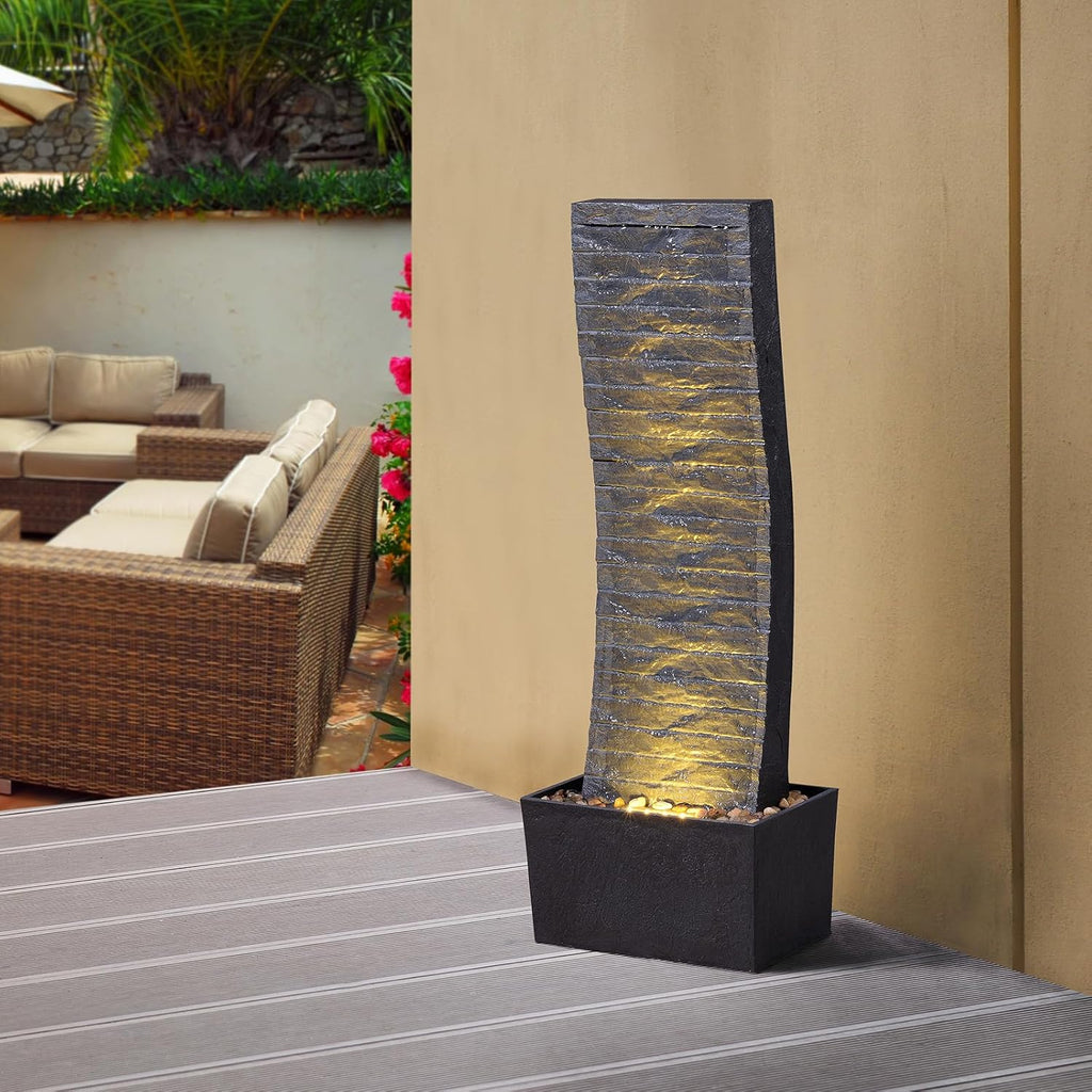 Curved Outdoor Waterfall Fountain, 36.2' Elegant Outdoor Water Fountain with LED Lights for Patio, Garden, Backyard, Modern Large Relaxing Water Feature (24382)