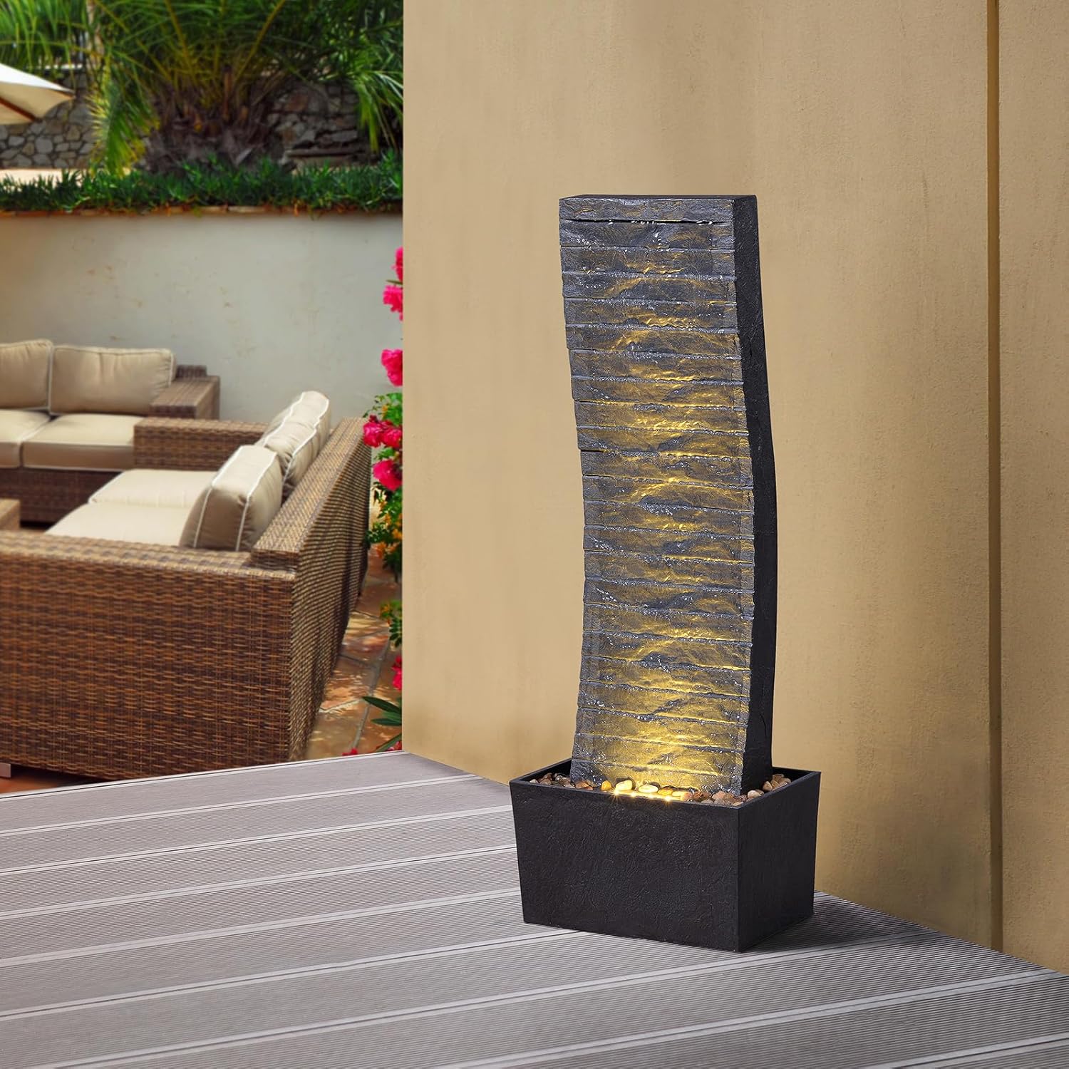 Curved Outdoor Waterfall Fountain, 36.2' Elegant Outdoor Water Fountain with LED Lights for Patio, Garden, Backyard, Modern Large Relaxing Water Feature (24382)