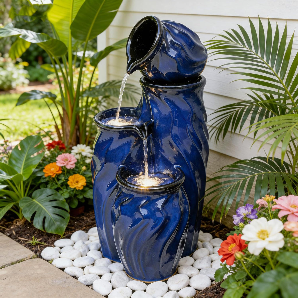 29' Ceramic Water Fountain Outdoor, 4-Tier Dynamic Wavy Outdoor Fountain with Artistic Cobalt Blue Glaze, Decorative Water Feature, Cascading Waterfalls for Serene Garden Patio Yard Porch Decor