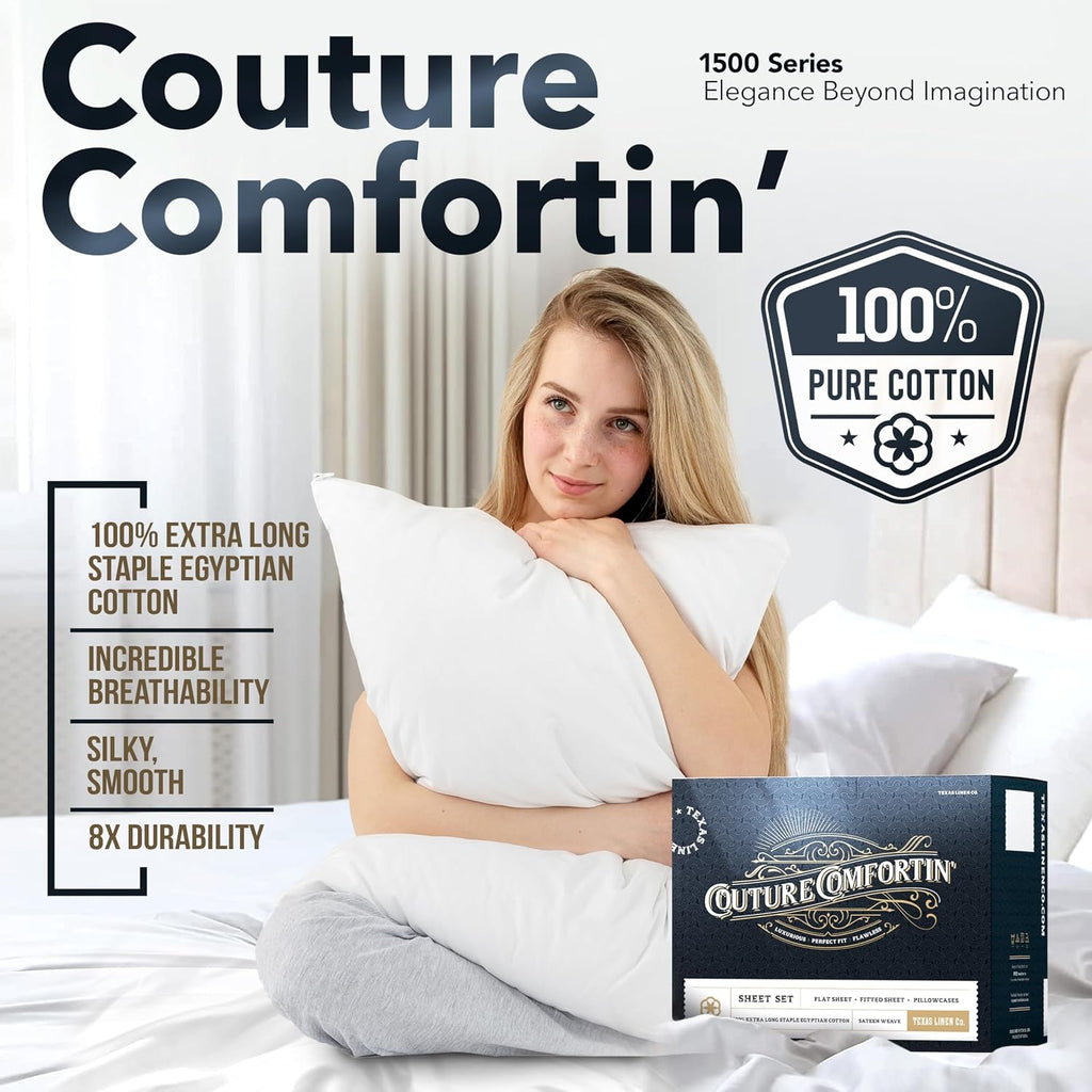 TEXAS LINEN CO. 100% Egyptian Cotton Queen Sheets Set Pack of 2 - Luxury 1500 Series Couture Comfortin' Collection Egyptian Cotton Sheets Queen Bed Set (8 PC, White), 17' Deep Pocket, Hotel Bedding