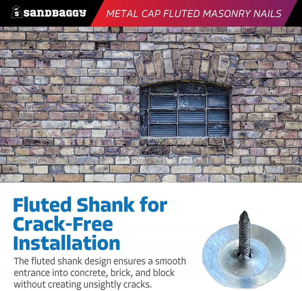 Sandbaggy 1' Metal Cap Fluted Masonry Nails - Electro Galvanized Steel (appx. 75 nails/lb) - Cement, Brick, Concrete Nails (25, Pounds)