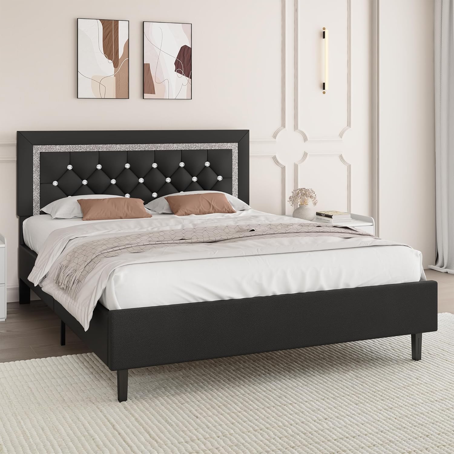BarnFurin Full Size Bed Frame with Tufted Button Headboard, Upholstered Platform Bed Frame with Diamond Design, Wood Slat Support, No Box Spring Needed, Easy Assembly, Black