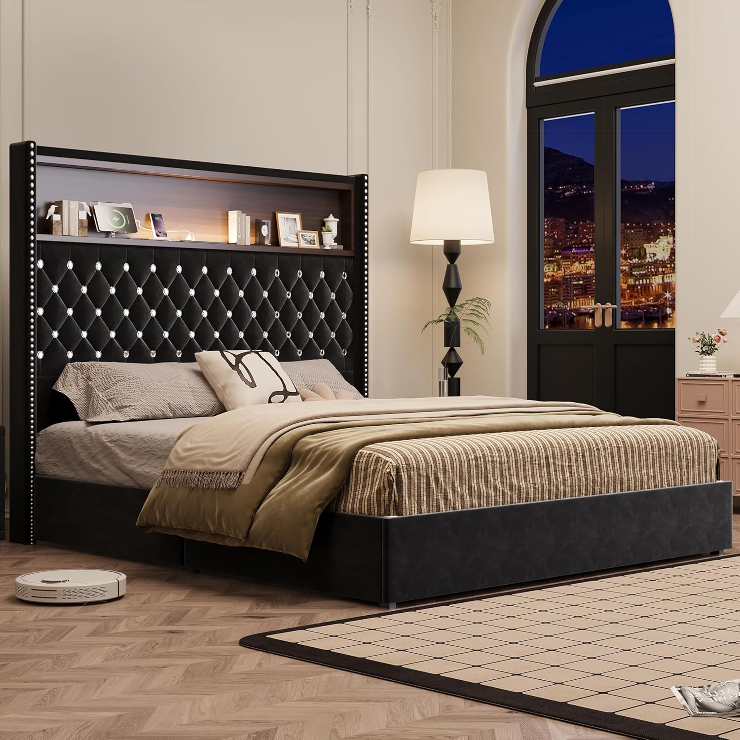 Queen Size Bed Frame with Storage, Velvet Tufted Soft Bed Frame with 52'' High Headboard with Rivet Decoration, Wing-back Platform Bed with Headboard Shelf, No Box Spring Needed (Black,Queen,42)