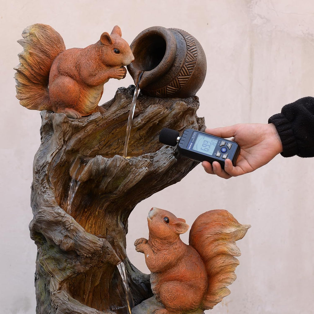 Tankana 30.5' H Squirrel Outdoor Water Fountain, Rustic Tree Stump Cascading Waterfall with LED Lights, Animal Water Feature for Patio, Yard, Porch and Deck Decor, Sculpture Resin Floor Fountain