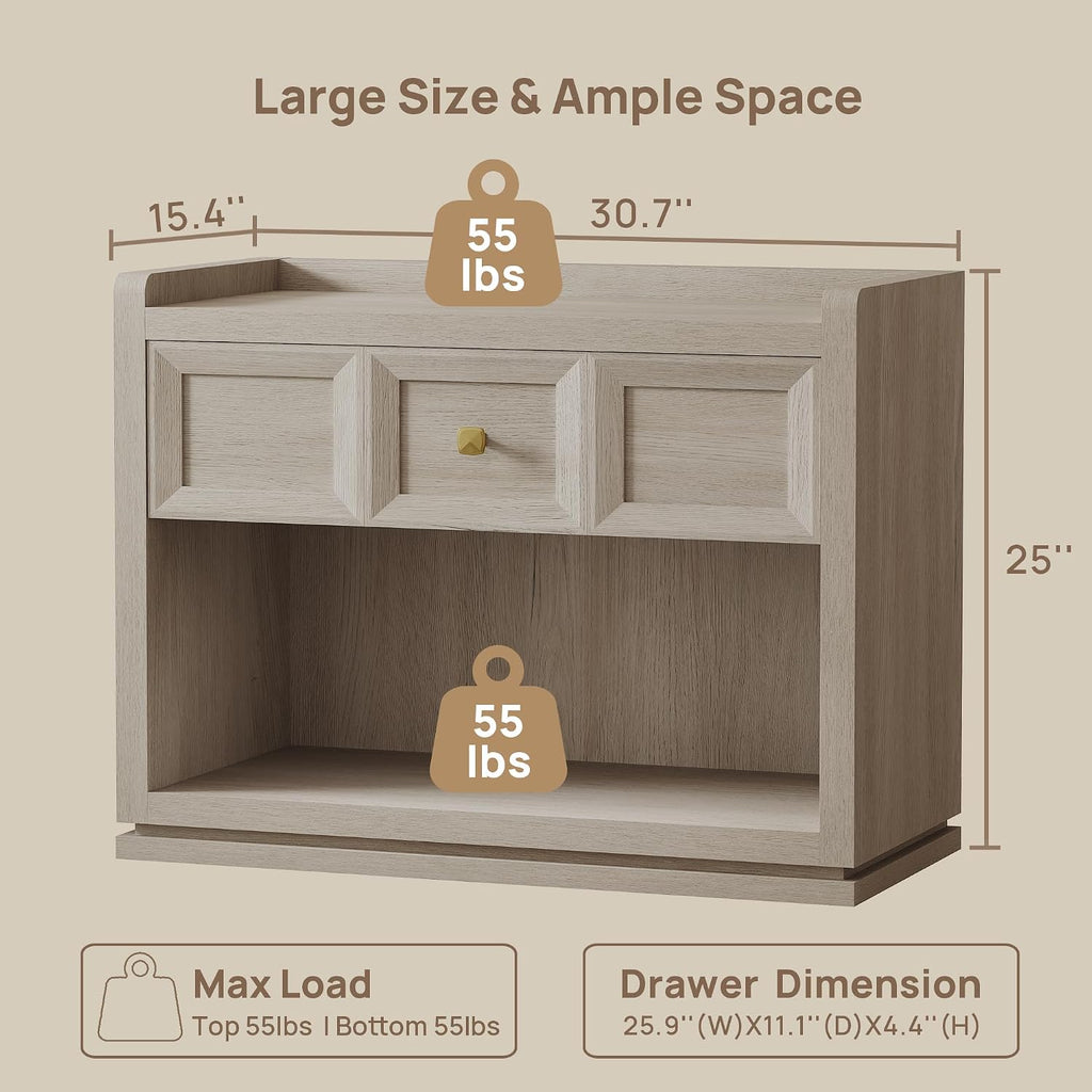 SICOTAS 31' Wide Nightstands Set of 2, Large Night Stands with Drawer, Oversized King Size Nightstand Bedside Table for Bedroom, Farmhouse End Side Table Set of 2 with Round Corners,Grey White Oak