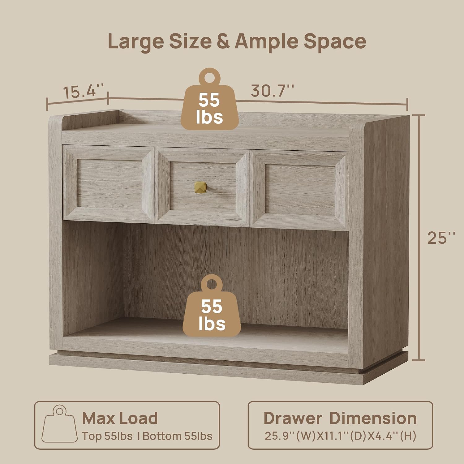 SICOTAS 31' Wide Nightstands Set of 2, Large Night Stands with Drawer, Oversized King Size Nightstand Bedside Table for Bedroom, Farmhouse End Side Table Set of 2 with Round Corners,Grey White Oak