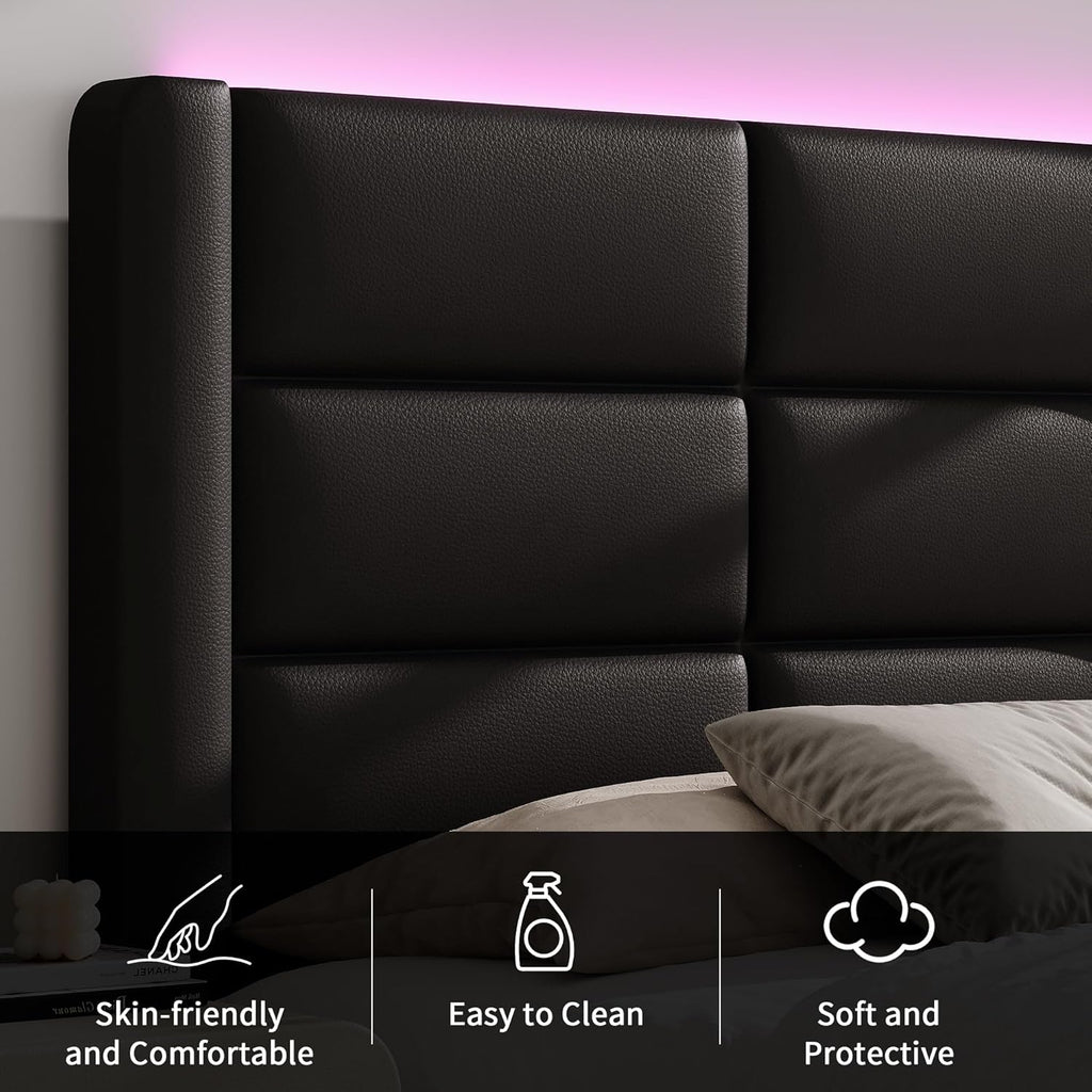 Twin Bed Frame with Headboard and LED Lights, Modern Faux Leather Upholstered Bed Frame with Wooden Slats Support and Heavy Duty Mattress Foundation, No Box Spring Needed, Easy Assembly, Black