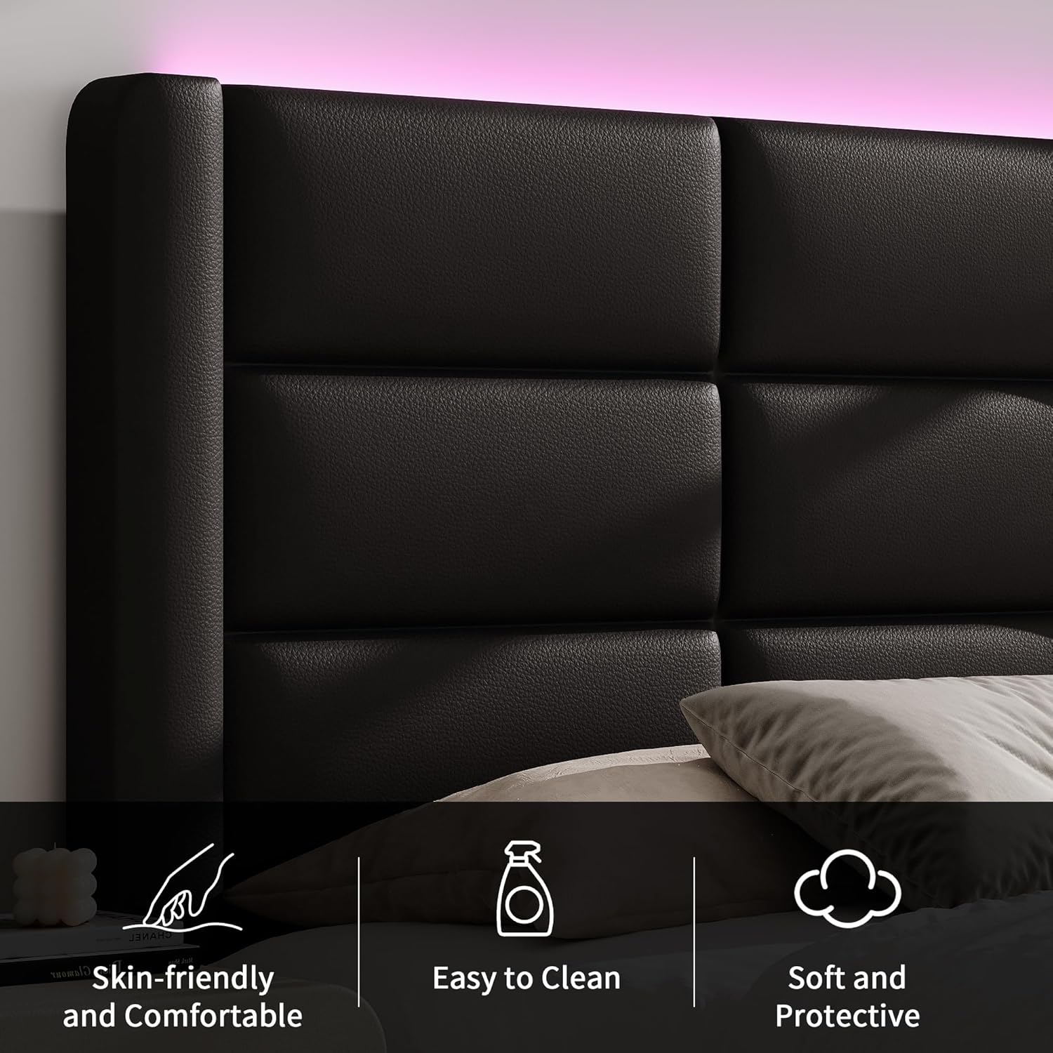 Twin Bed Frame with Headboard and LED Lights, Modern Faux Leather Upholstered Bed Frame with Wooden Slats Support and Heavy Duty Mattress Foundation, No Box Spring Needed, Easy Assembly, Black