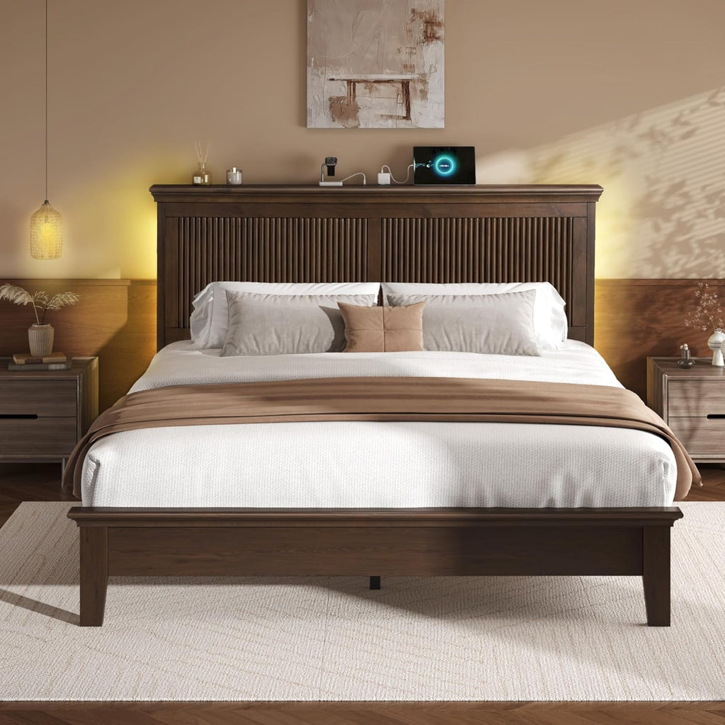 Lifezone Wood Queen Bed, Solid Wood Bed With Tall Headboard, American Vintage Design, Queen Bed With Charging Station & RGB LED, Wood Slats Support, Noise-Free, Sturdy Structure, Easy Assembly, Walnut