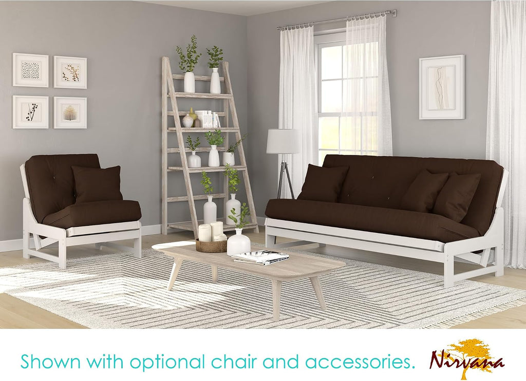 Nirvana Futons Arden White Futon Set Full or Queen Size - Armless Wood Futon Frame with Mattress (Microfiber Sussex Fudge), Space Saving Modern Sofa Bed Sleeper