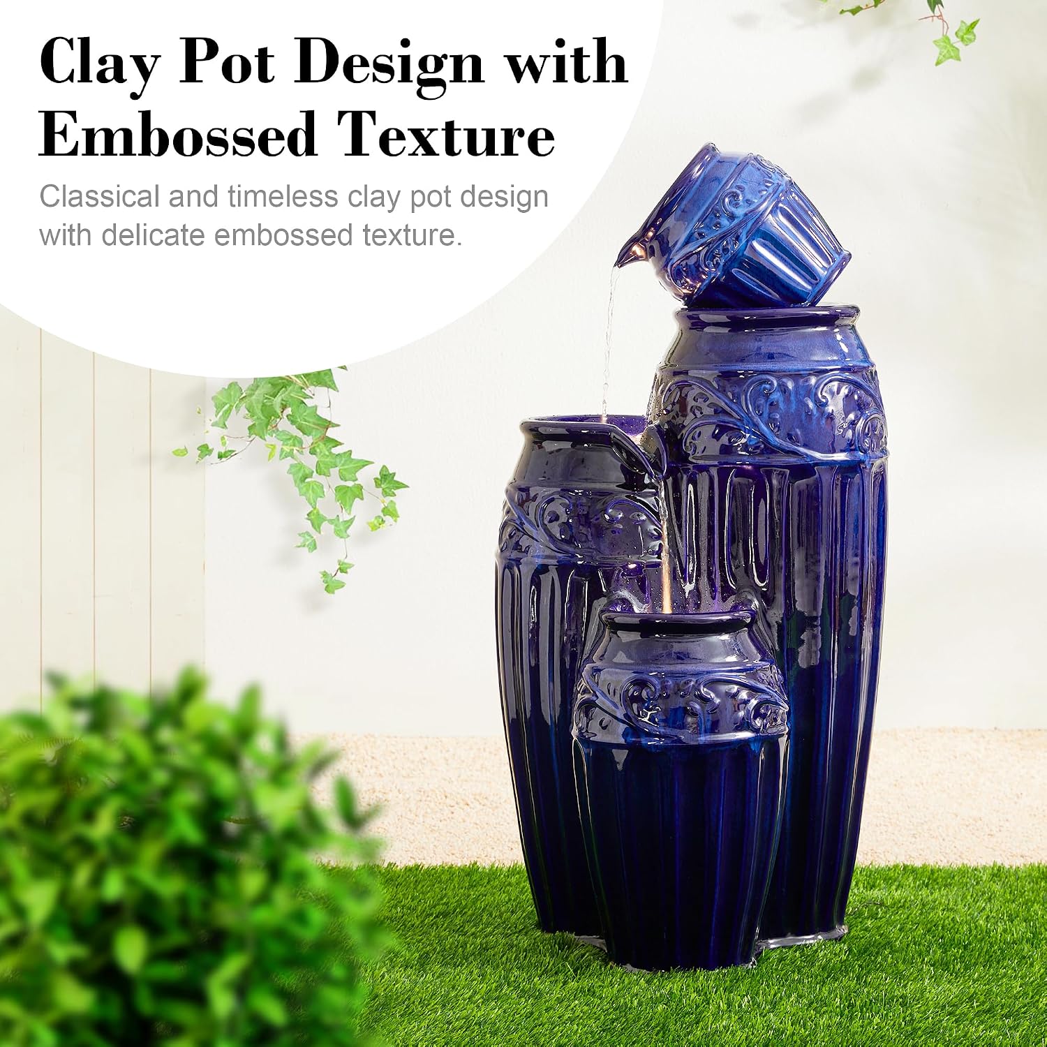 Glitzhome 35.5' H Oversized Outdoor Water Fountain with LED Lights and Pump, 4 Tier Cobalt Blue Embossed Pattern Ceramic Pots Cascading Floor Standing Fountain for Porch Deck Garden Patio Backyard