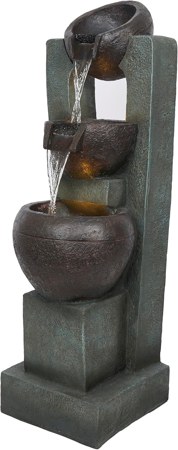 Alpine Corporation TZL400 34' 3 Tier Basin Cascading Fountain with LED Lights, Elegant Outdoor Water Feature for Garden, Patio, Yard & Outdoor Spaces, Relaxing Waterfall Fountain, Gray