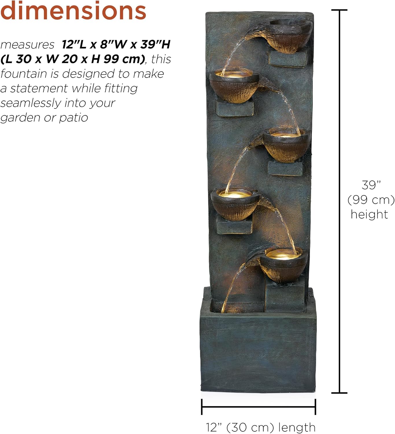 Alpine Corporation TZL364 39' 6-Tier Bowl Floor Fountain with Warm LED Lights, Outdoor Garden Waterfall, Decorative Water Feature for Patio, Backyard, and Lawn, Gray