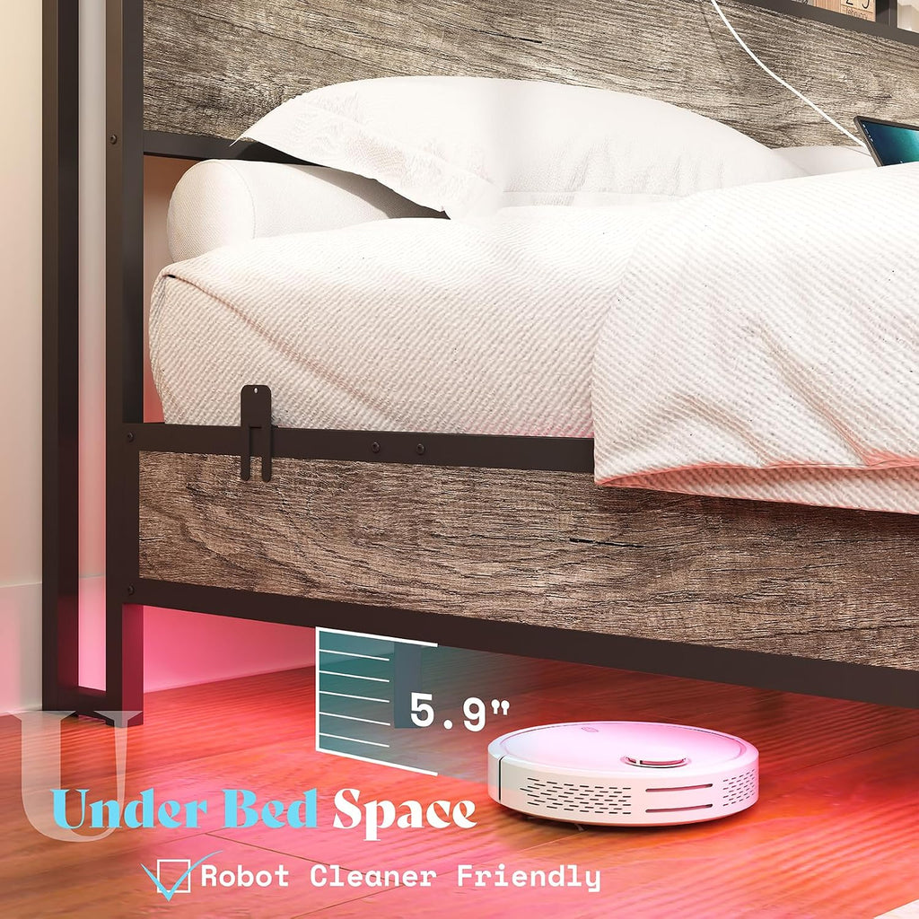 AMERLIFE Full Size Floating Bed Frame with 2-Tier Storage Headboard, Metal Bed Frame with Charging Station & LED Lights, No Box Spring Needed, Rustic Grey