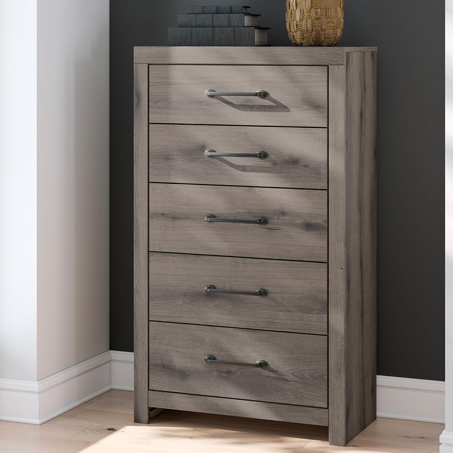 Signature Design by Ashley Urbanoore Rustic 5-Drawer Chest of Drawers with Safety Stop, Gray