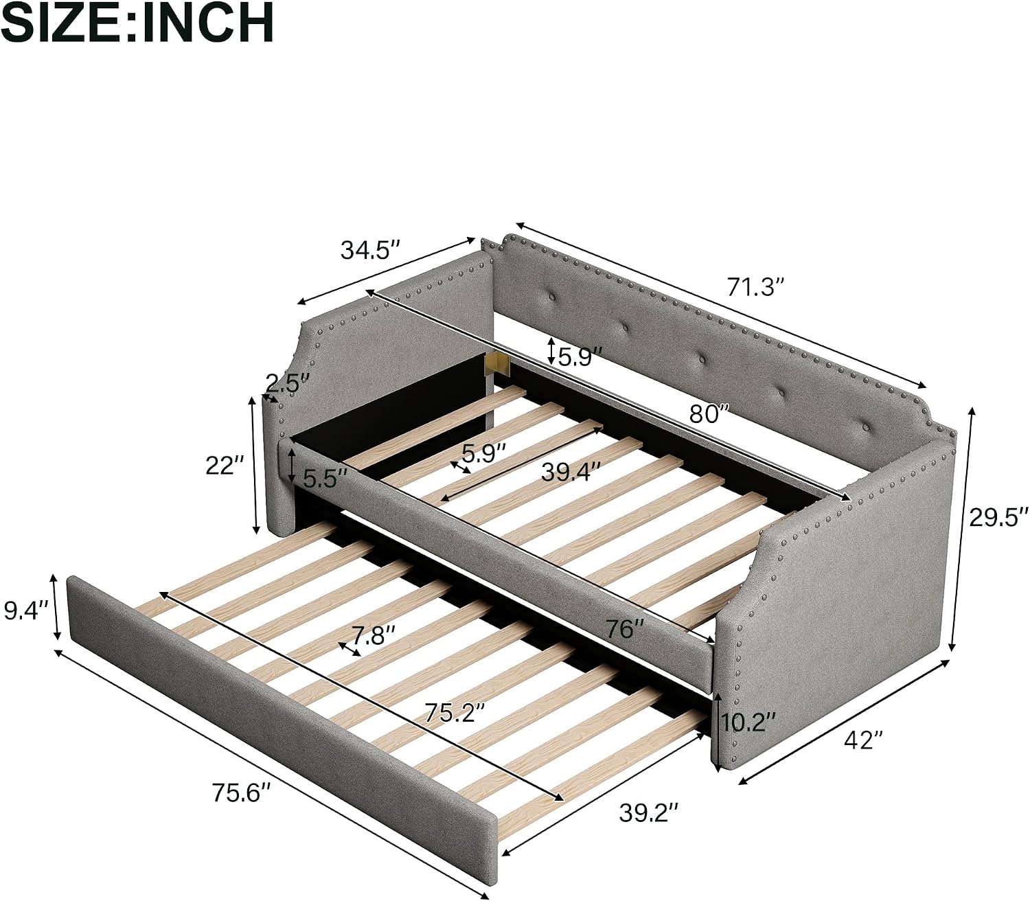 Twin Size Daybed with Trundle, Upholstered Twin Daybed Frame, Sofa Bed for Bedroom Living Room, Gray