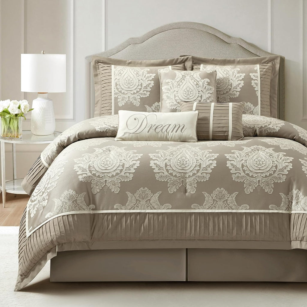 LANCO MODERN LIFESTYLE Beige California King Comforter Set 7 Pieces, Jacquard Woven with Damask, Bedding Set in a Bag Includes Comforter, Bed Skirt, Pillow Shams, and Decorative Pillows