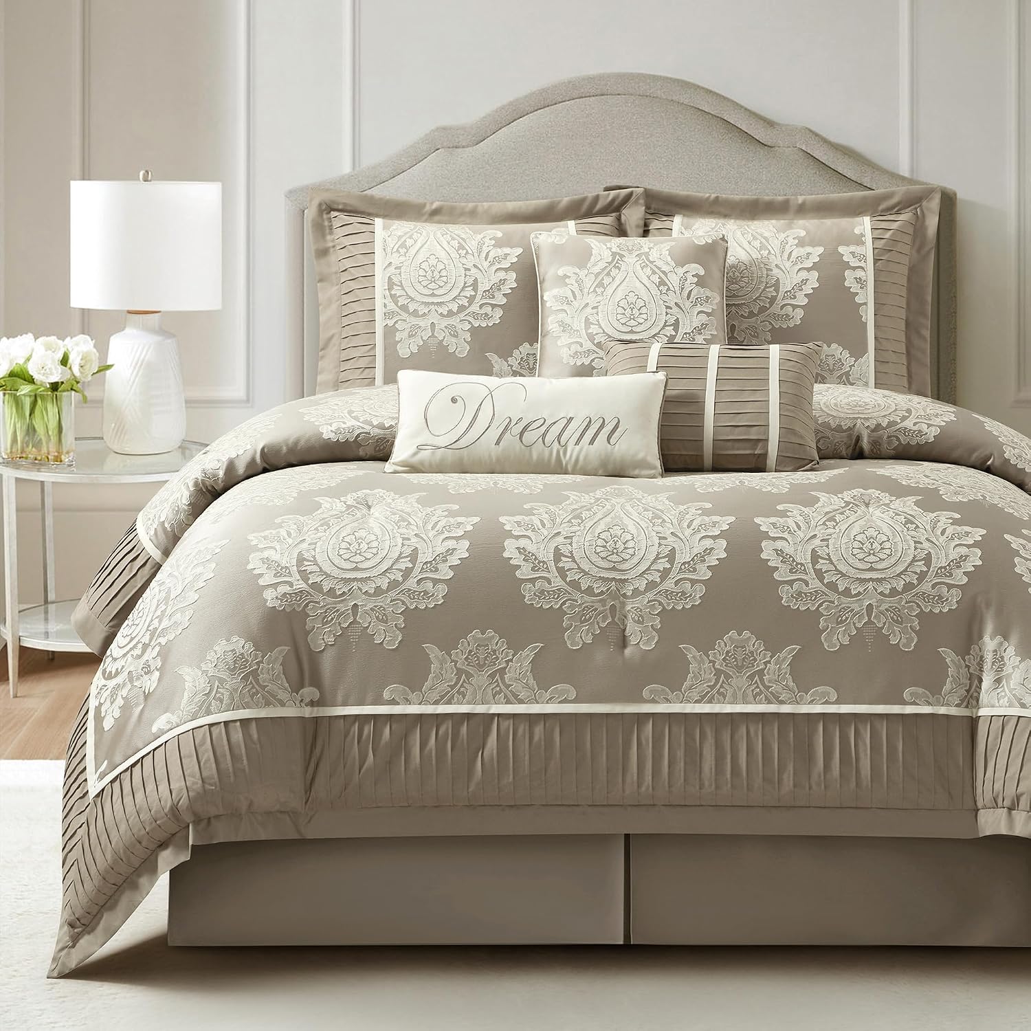 LANCO MODERN LIFESTYLE Beige California King Comforter Set 7 Pieces, Jacquard Woven with Damask, Bedding Set in a Bag Includes Comforter, Bed Skirt, Pillow Shams, and Decorative Pillows
