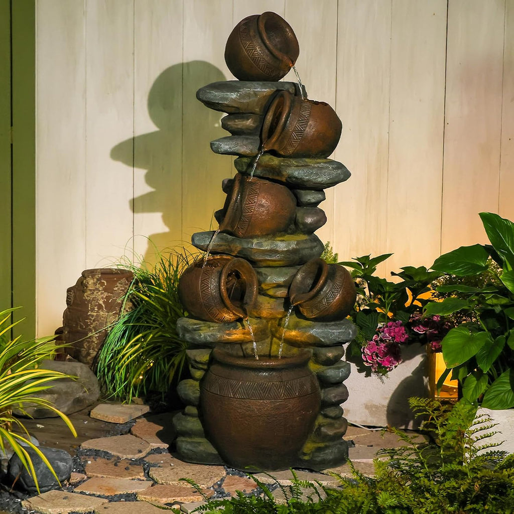 60' H Large Outdoor Water Fountain, 5-Tier Cascading Waterfall Fountain Feature with LED Lights, Rustic Crock Garden Water Feature for Patio, Backyard, Porch, Indoor & Outdoor Décor
