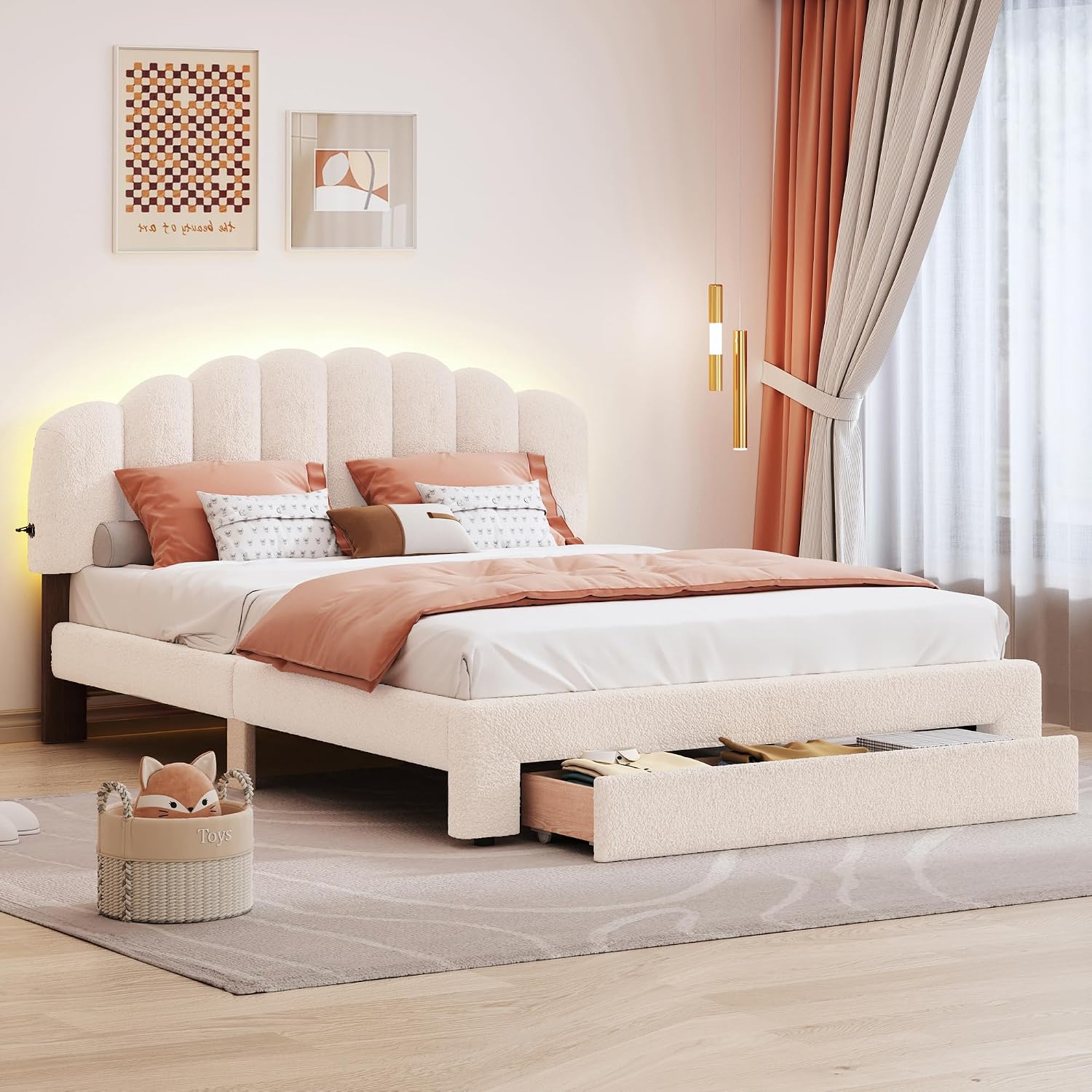 KLMM Chic Teddy Fleece Queen Size Upholstered Platform Bed with Drawer,LED Lights and 2 USB Ports,for Kids Teens Adults Bedroom Use (Beige@Drawer, Queen)