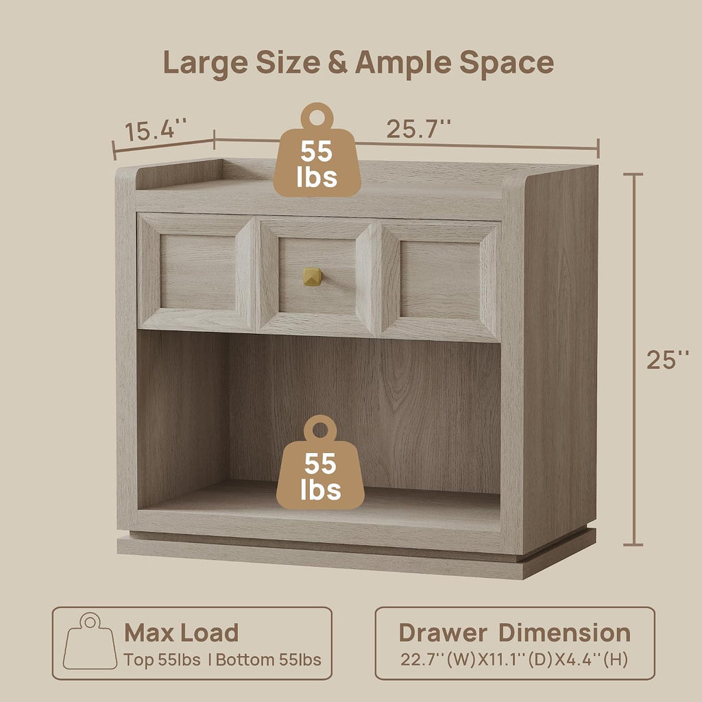 SICOTAS Night Stand Set 2, 26' Wide Nightstands with Drawer, Large Queen Size Nightstands Set of 2, Modern Bedside Table for Bedroom, Side End Table, Grey White Oak