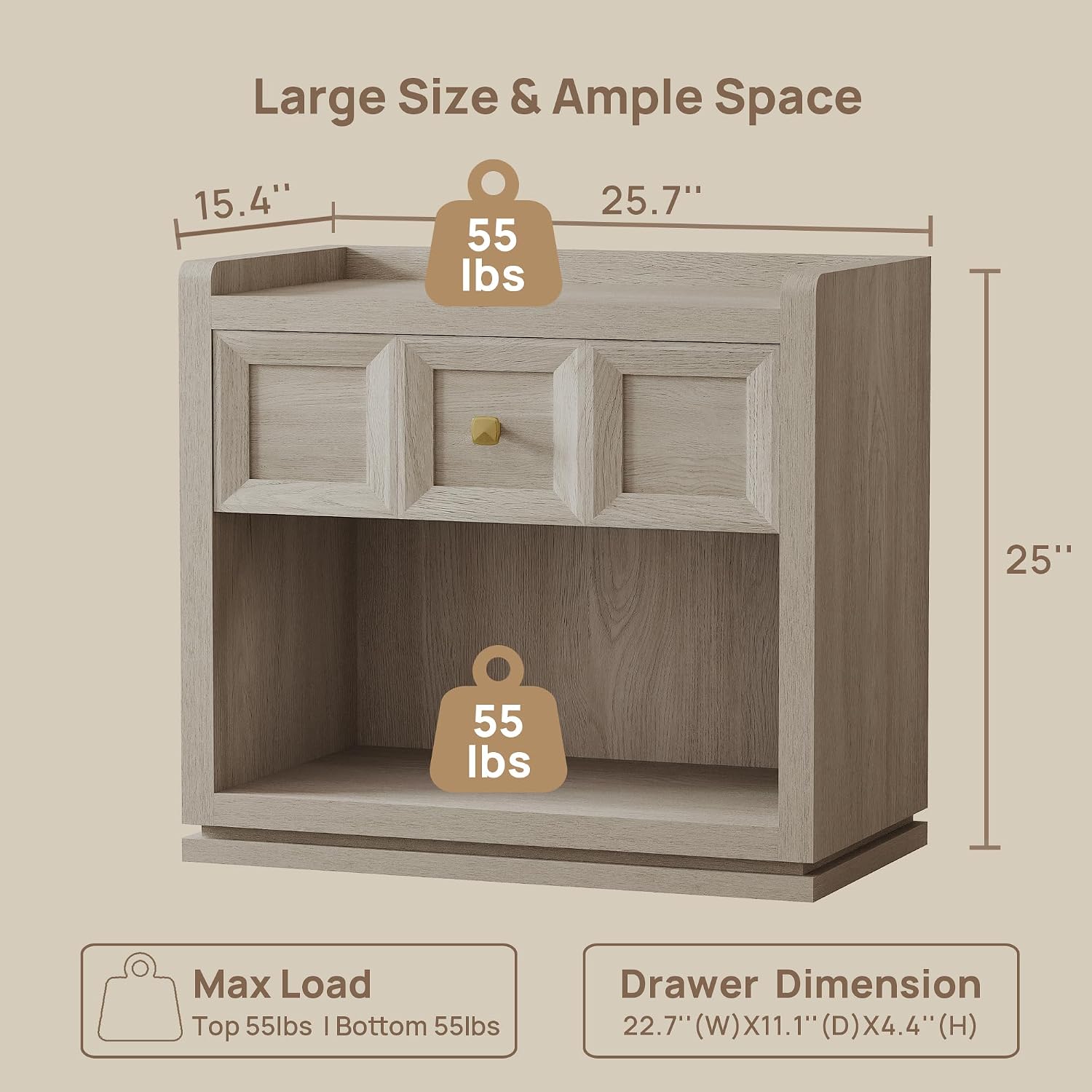 SICOTAS Night Stand Set 2, 26' Wide Nightstands with Drawer, Large Queen Size Nightstands Set of 2, Modern Bedside Table for Bedroom, Side End Table, Grey White Oak