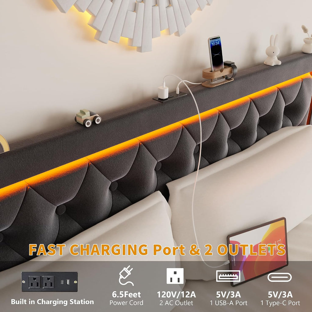 Full Bed Frame with 4 Storage Drawers, Velvet Upholstered Bed Frame Full Size with Charging Station and LED Lights, 46' Adjustable Button Tufted Headboard, No Box Spring Needed, Grey