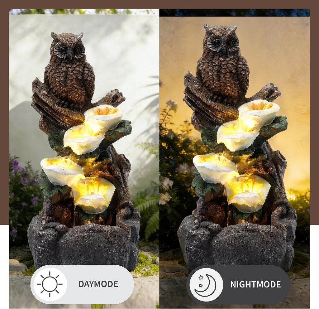 28' Outdoor Water Fountain with Led Lights, 4-Tiered Owl & Calla Lil Water Fountain, Outdoor Garden Waterfall Decor for Garden, Patio, Courtyard