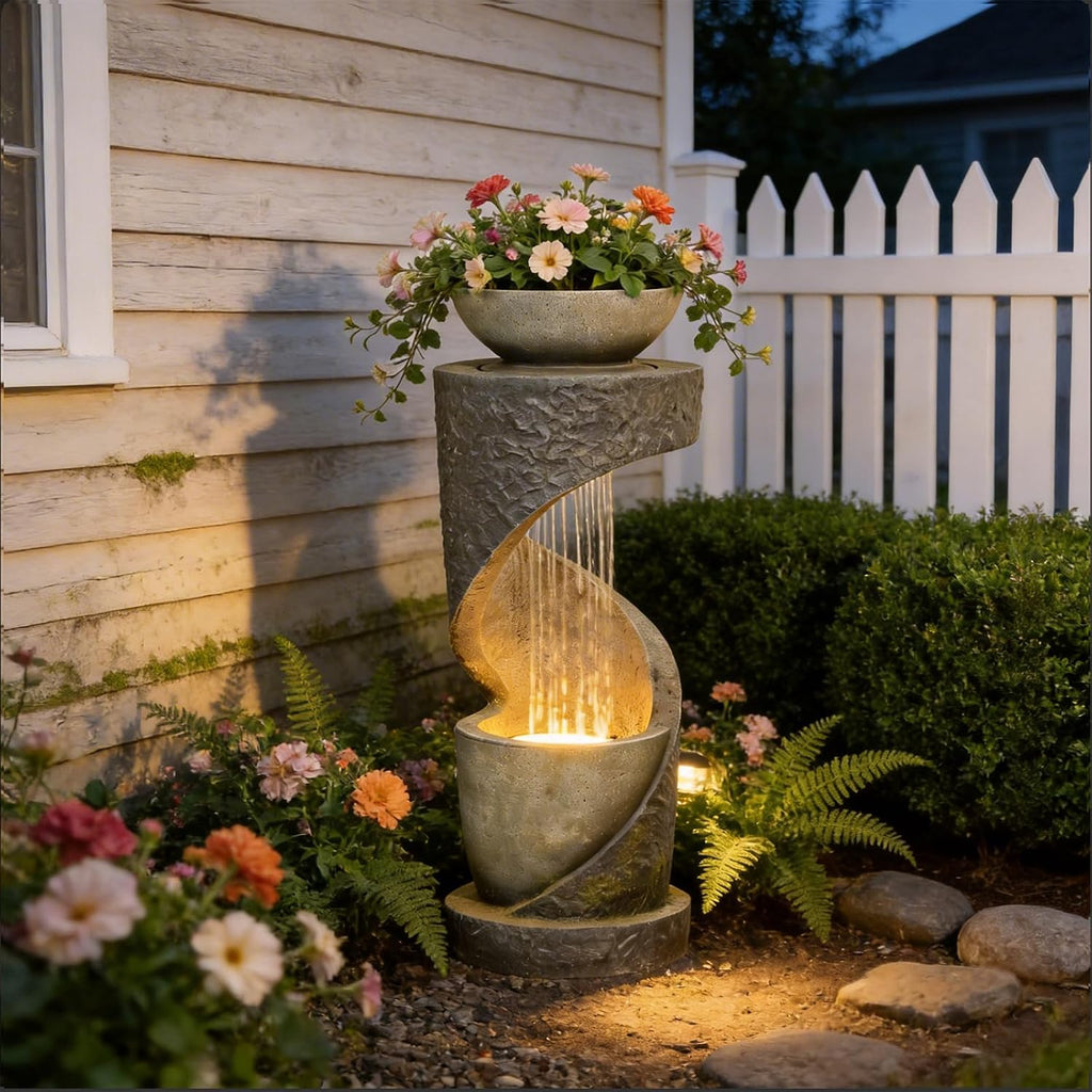 Tiered Outdoor Water Fountain, Modern Spiral Cascading Waterfall Fountain with Planter, Freestanding Resin Indoor Water Feature for Room, Garden, Patio, Deck, 31.5'H with Light Stone-Texture