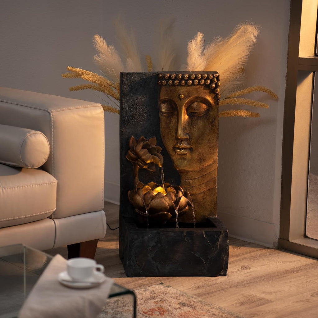 XBrand 30' H Zen Buddha Face Water Fountain w/LED Light & Pump, Indoor/Outdoor Freestanding, Relaxing Zen Décor, Bronze and Natural Grey Polyresin Fountain for Home Patio Garden Backyard