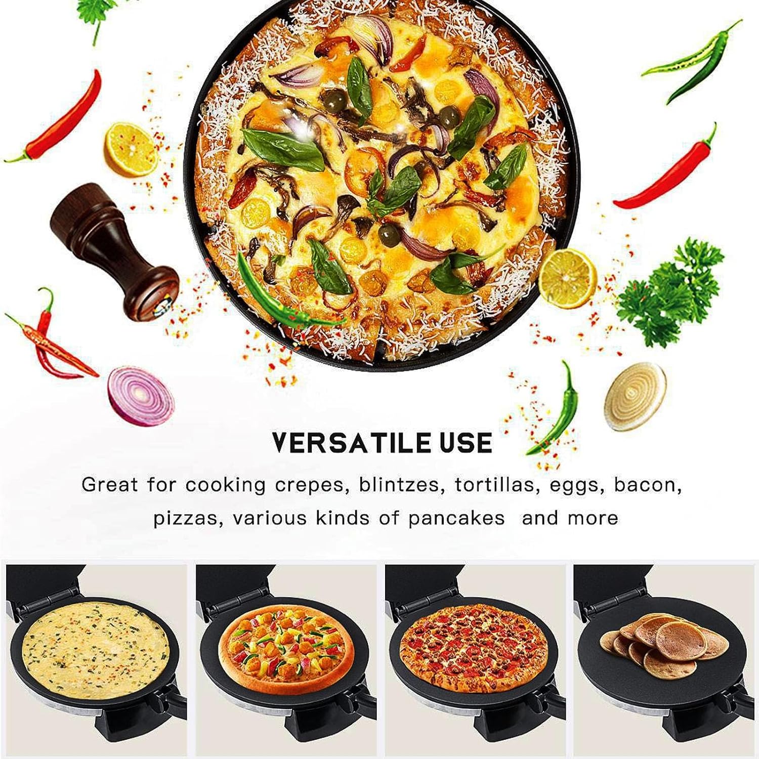 2100W Electric Roti Maker, 10-Inch Non-Stick Chapati & Tortilla Machine with Adjustable Temperature, Double-Sided Heating for Pizza, Pita, Quesadillas & Mor
