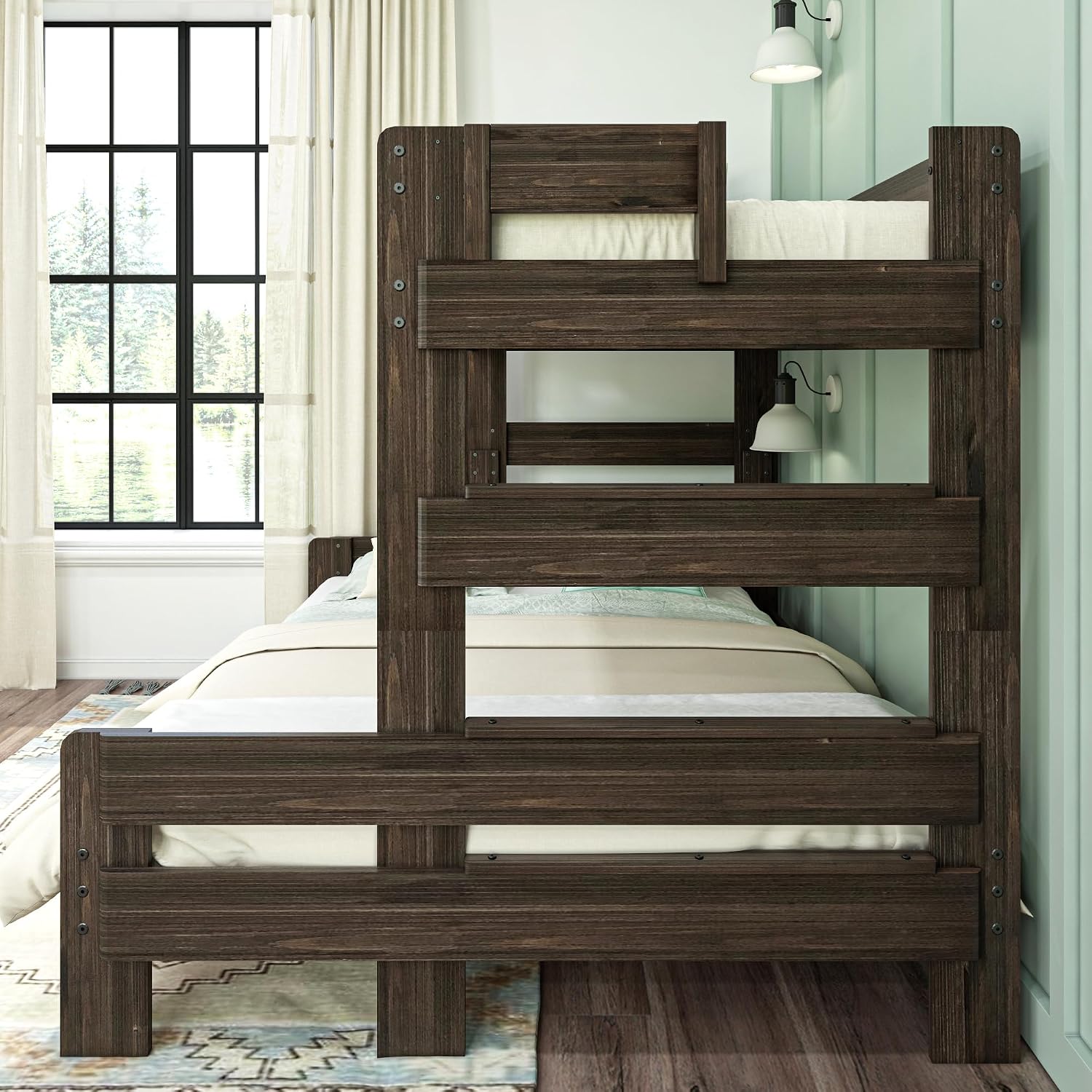 Max & Lily Bunk Bed, Twin XL-Over-Queen Bed Frame For Kids, Solid Wood Bunk Bed for Kids, No Box Spring Needed, Barnwood Brown