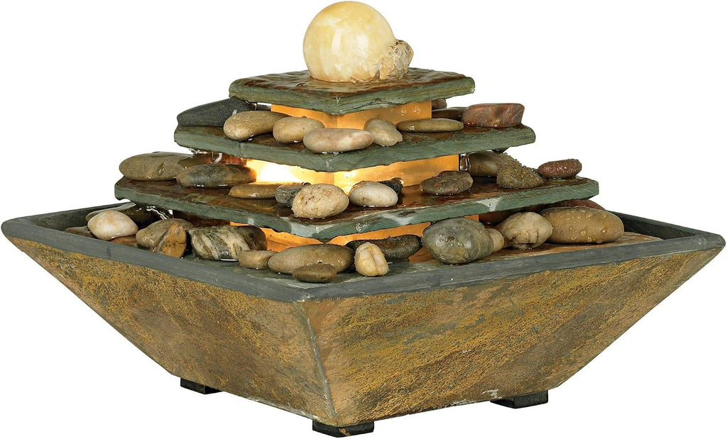 Pyramid 9' High Small Zen Modern Indoor Decor Slate Stone Tabletop Fountain with Light LED Waterfall Feng Shui Ball Water Feature for Desk Relaxation Bedroom Living Room Countertop - John Timberland