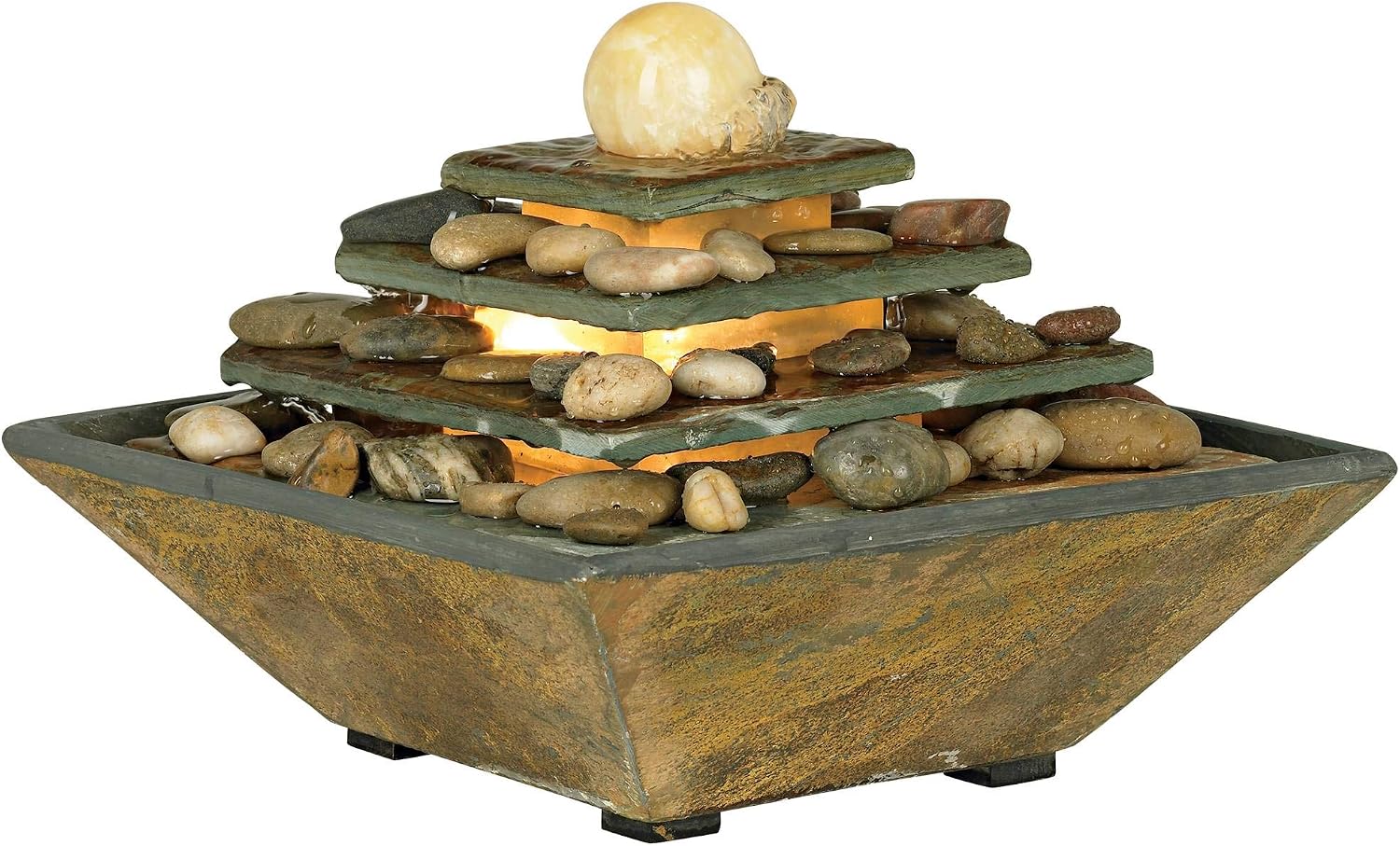 Pyramid 9' High Small Zen Modern Indoor Decor Slate Stone Tabletop Fountain with Light LED Waterfall Feng Shui Ball Water Feature for Desk Relaxation Bedroom Living Room Countertop - John Timberland