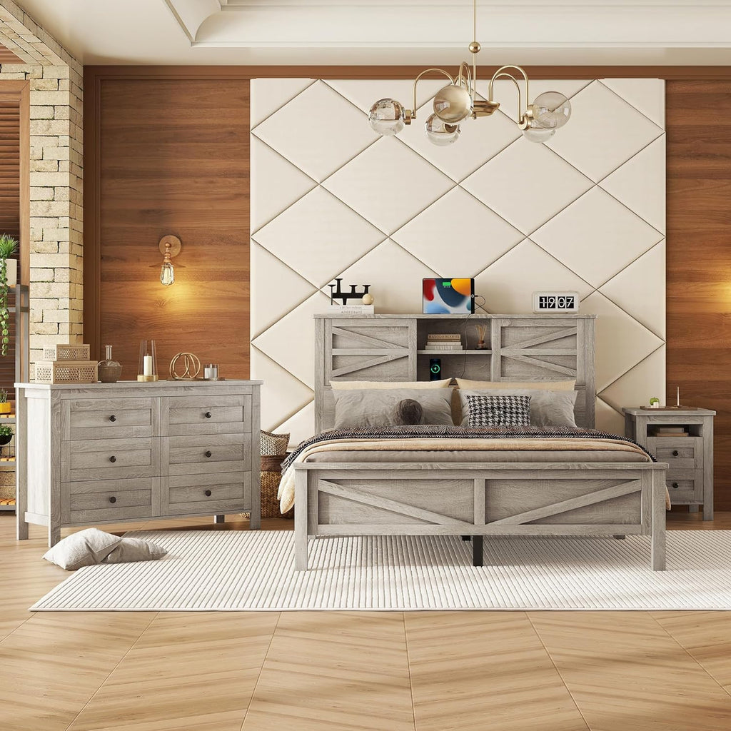 Farmhouse Bedroom Set 3 Pieces, Queen Size Wood Platform Bed Frame, Nightstand and Dressing Table, Queen Bedframe with Double Sliding Door Headboard and Charging Station (Antique Gray, Queen)