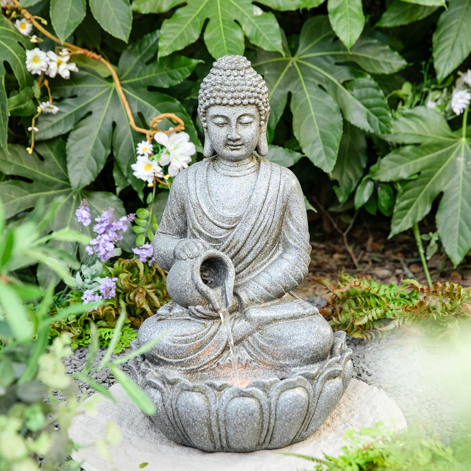 Glitzhome Buddha Fountain Outdoor 20.5' H, 2-Tier Zen Style Concrete Meditating Buddha Statues Water Fountains with Pump & LED Light, Buddhas Floor Fountains Sculpture for Garden Patio Backyard