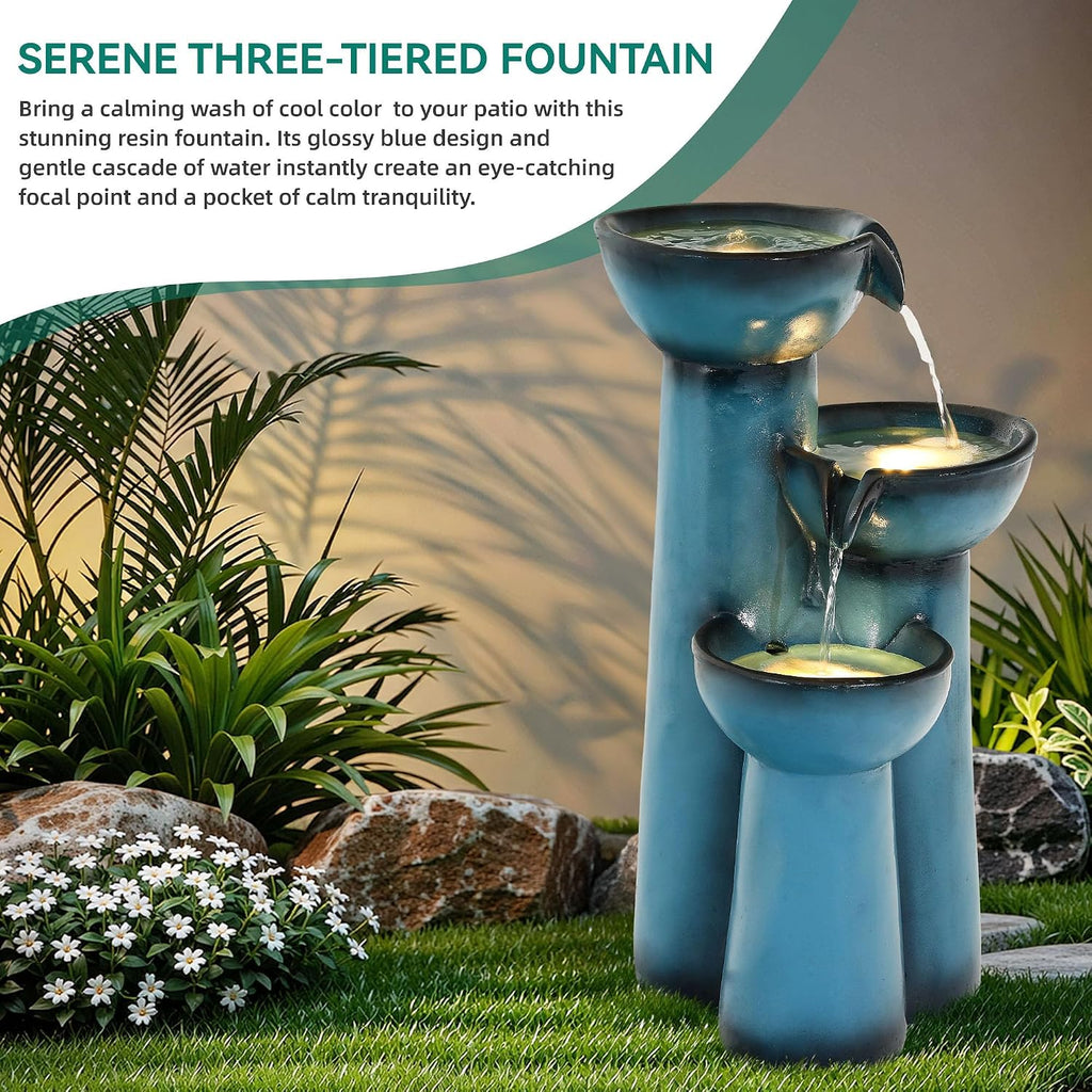 27' Outdoor Water Fountain with LED Lights, 3-Tier Cascading Faux Ceramic Column Water Feature with Pump for Garden Patio Backyard, Weather-Resistant Resin Waterfall for Serene Oasis, Blue