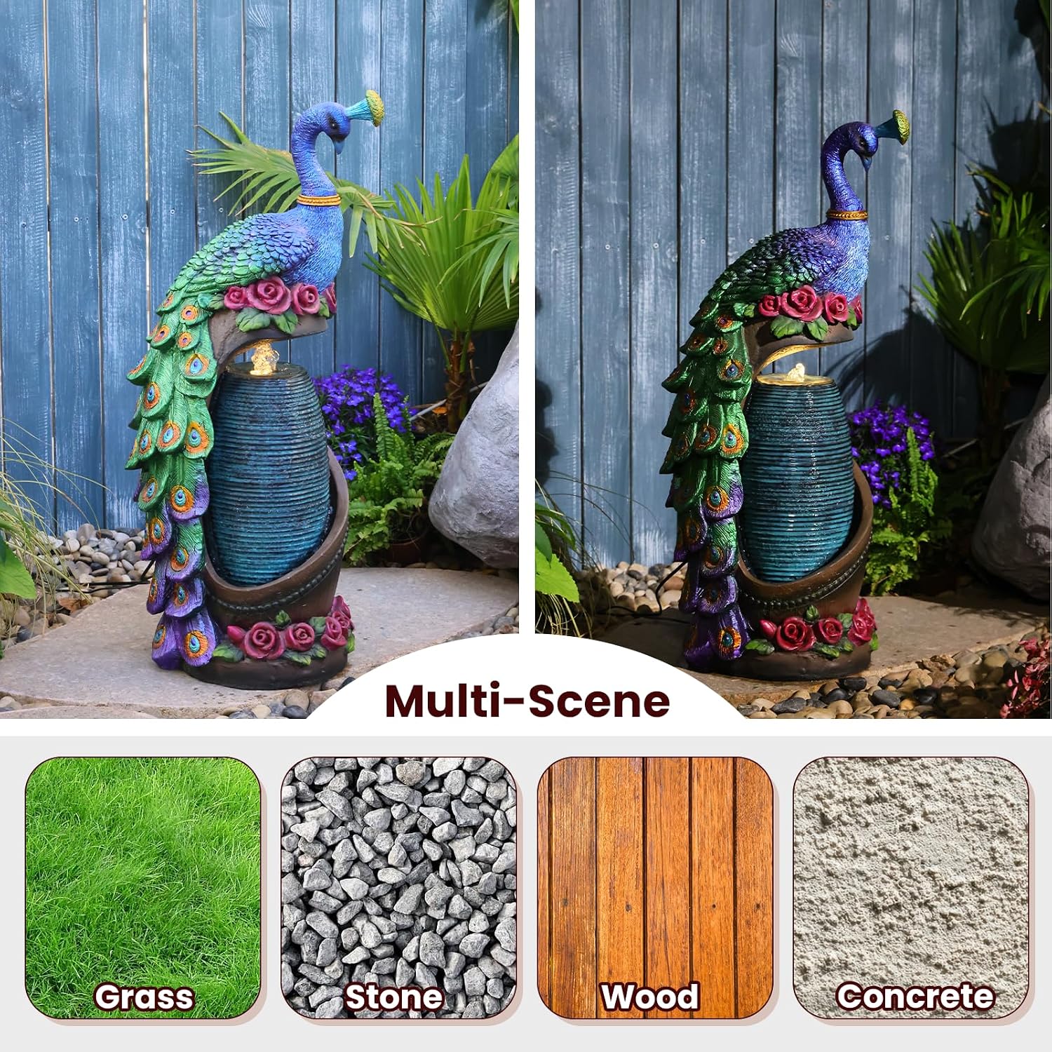 Tankana Outdoor Water Fountain 32' H Cascading Peacock Waterfall Fountain with LED Lights & Pump Tiered Water Feature for Garden, Patio, Backyard, Deck, and Porch Decor