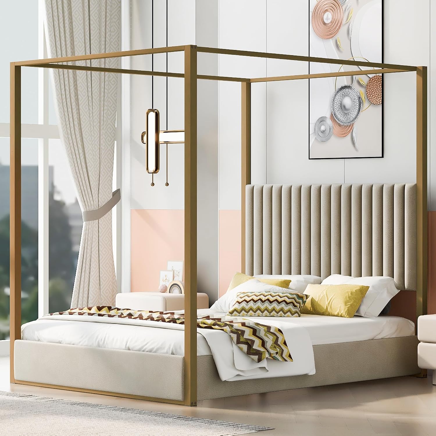 Queen Size Canopy Bed with Upholstered Headboard, 4-Poster Bed Frame with Metal Frame for Bedroom (Beige, Queen)