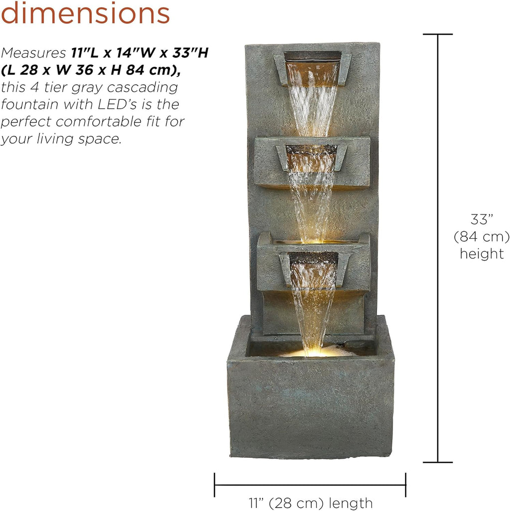 Alpine Corporation TZL406 33' 3 Tier Basin Cascading Fountain with LED Lights, Outdoor Water Feature for Garden, Patio, Backyard & Home Decor, Elegant Waterfall Design, Gray