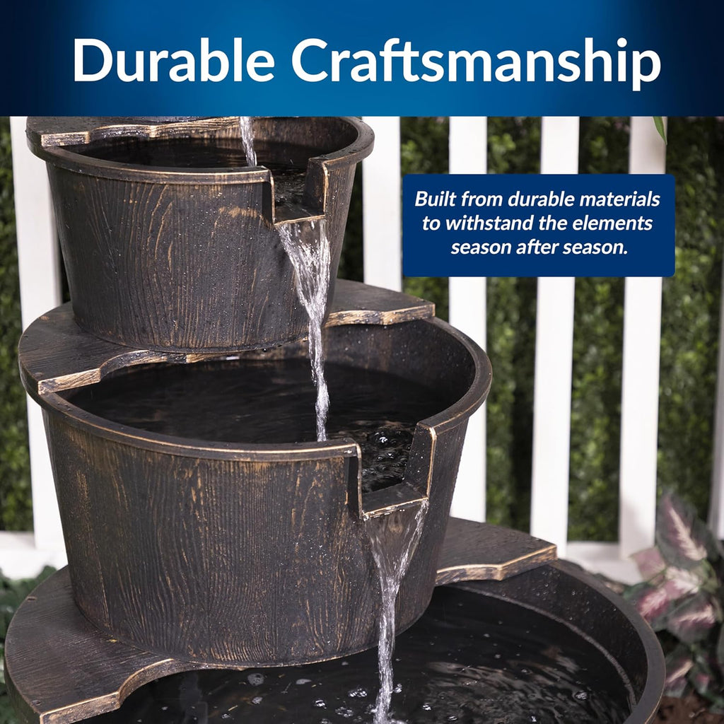 Alpine Corporation 40' Tall Outdoor Floor Tiered Rustic Pump and Barrel Water Fountain, Old-Fashioned Waterfall for Garden, Patio, Yard Decor, Dark Brown