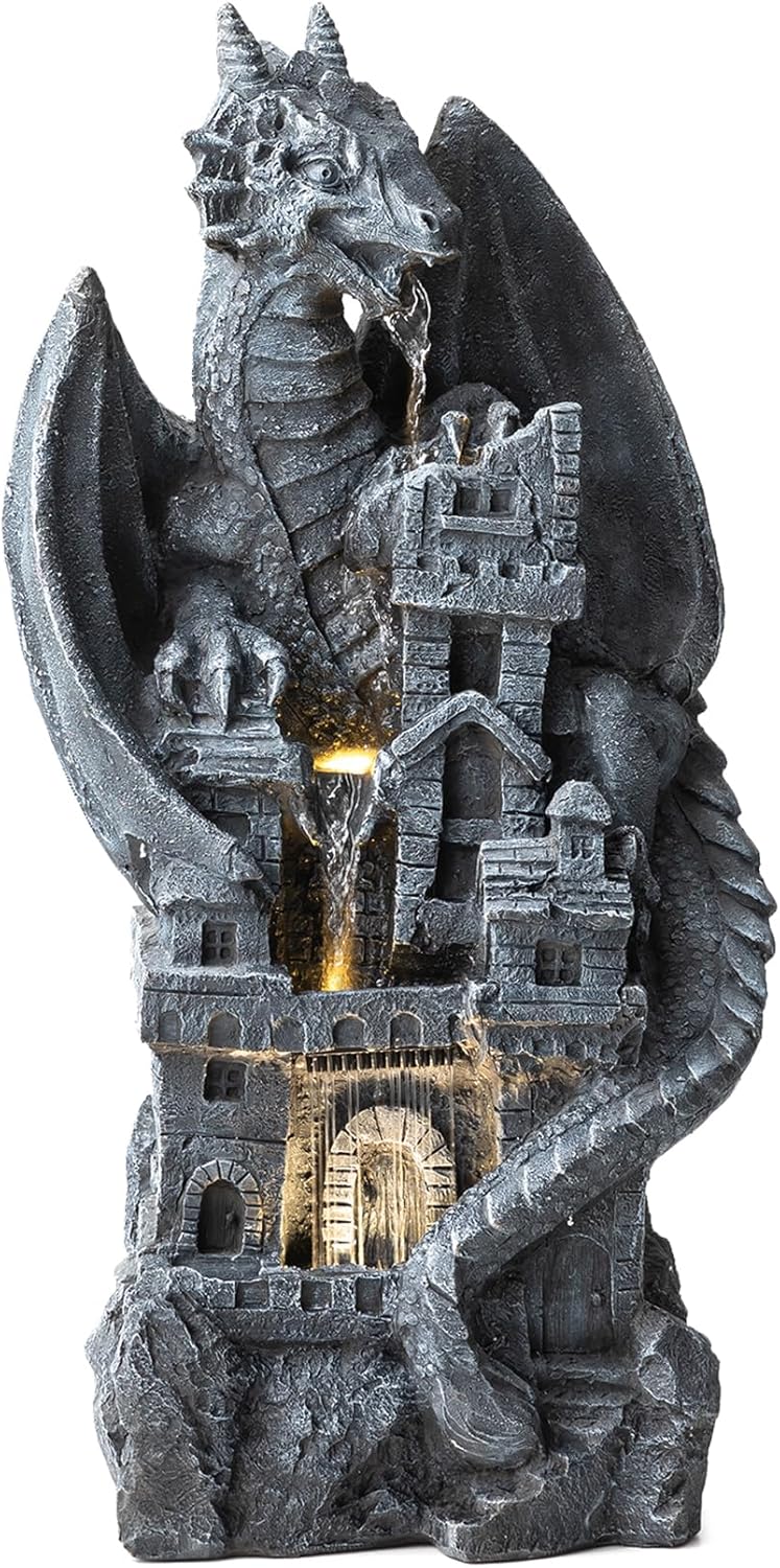 Glitzhome 37'H 4 Tiers Resin Waterfalls Water Fountain, Mystical Gothic Dragon Perched Atop The Castle Sculptural with Pump & LED Light Indoor Outdoor Floor Fountain for Garden Patio Backyard Decking