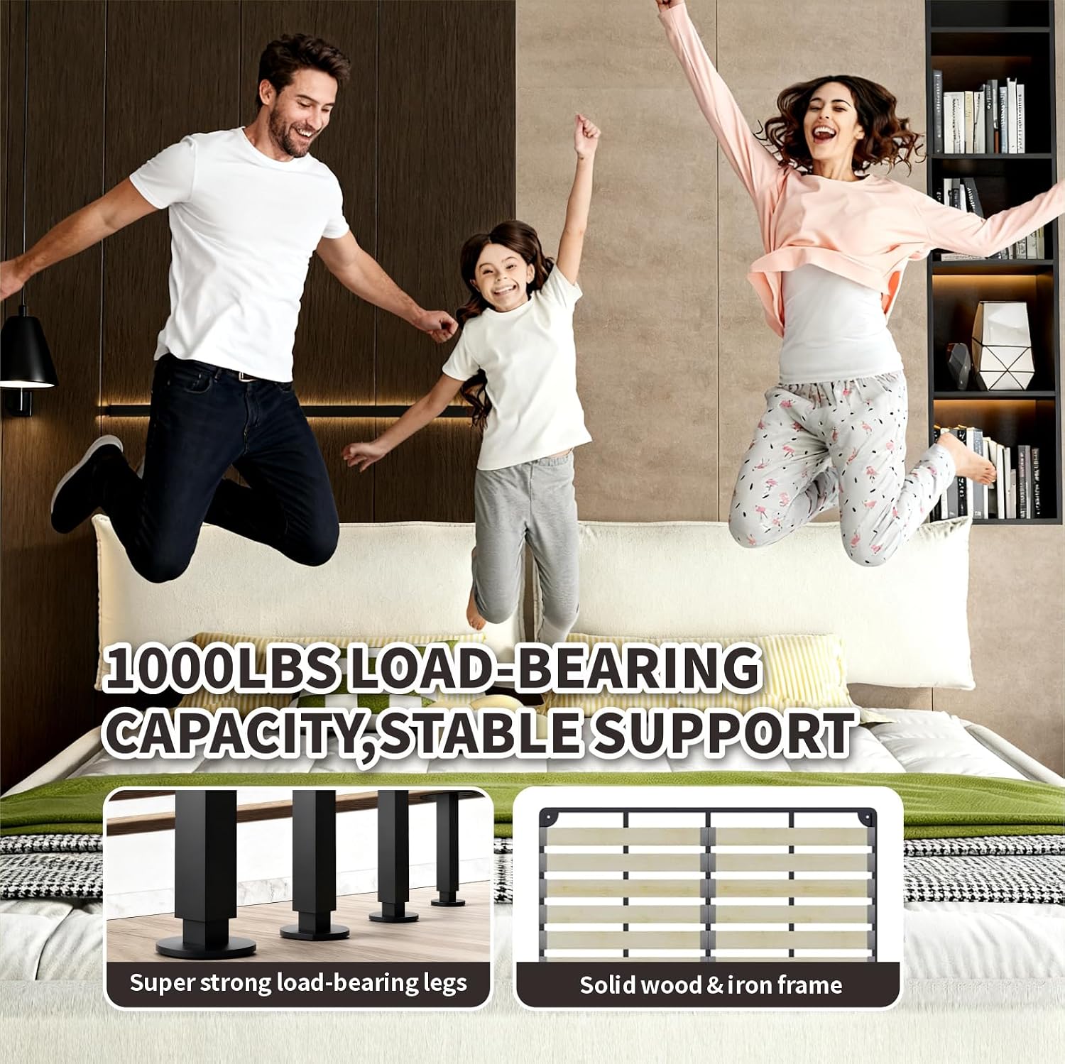 King Size Upholstered Platform Bed, Chenille Cloud Bed Frame with Oversized Padded Movable Headboard, Round Corner, Metal + Solid Wooden Slat Double Support, No Box Spring Needed (Beige+White-65)