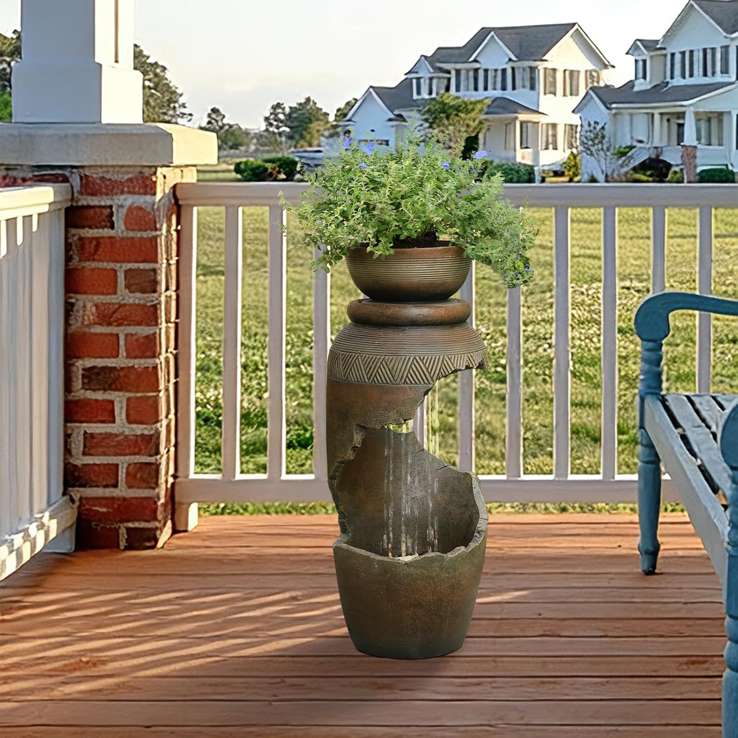 Free Standing Garden Fountain with Planter, Tiered Urn Water Fountain Outdoor, Cascading Waterfall Resin Fountain for Patio, Yard, Porch and Home Décor, Cracked Urn Design(Terracotta Brown)