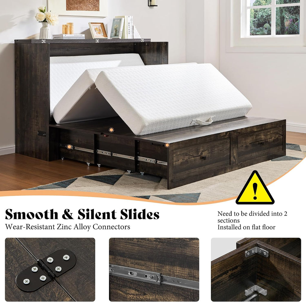 AMERLIFE Queen Murphy Bed Cabinet with Charging Station and Storage, Farmhouse Foldable Platform Bed for Guest Room, Office, Small Spaces, Black Oak