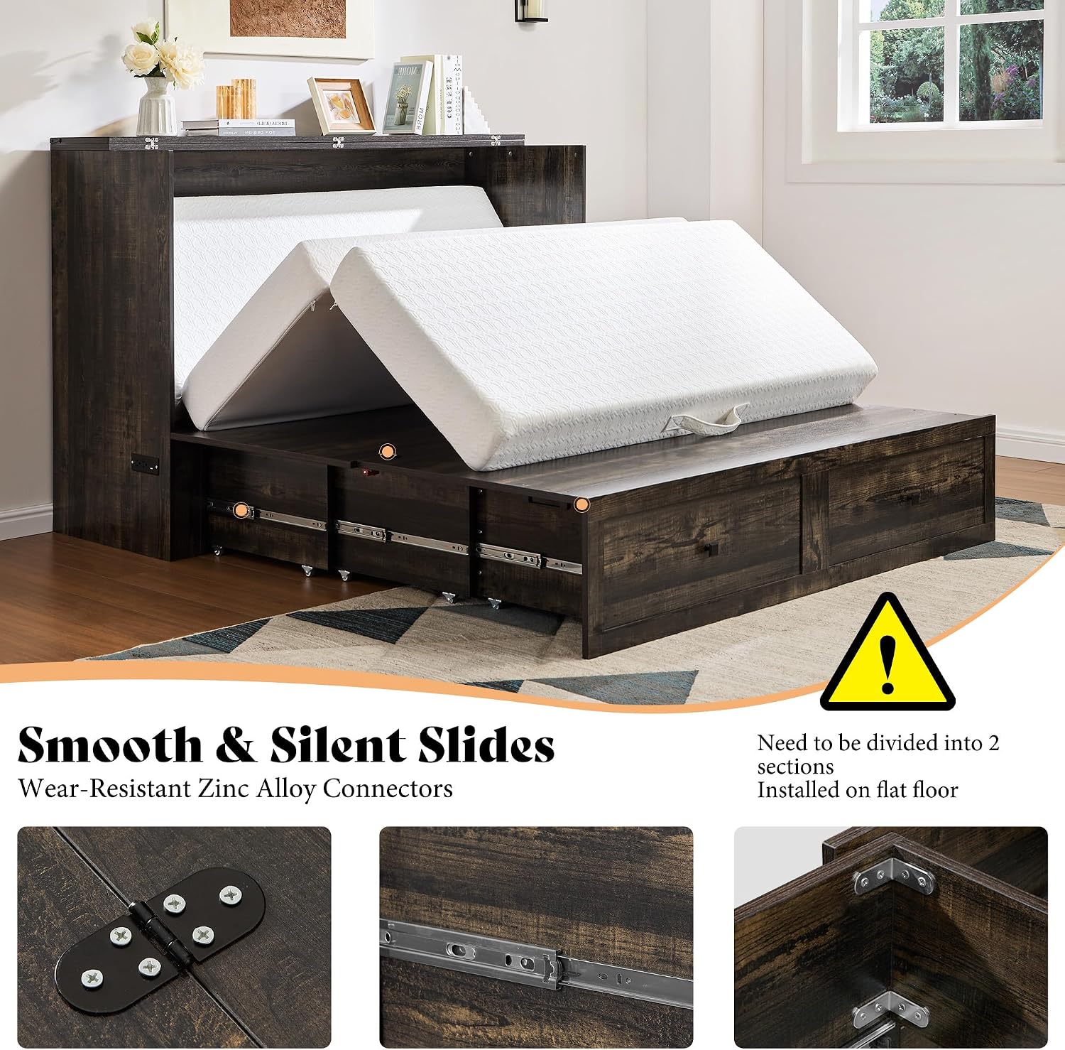 AMERLIFE Queen Murphy Bed Cabinet with Charging Station and Storage, Farmhouse Foldable Platform Bed for Guest Room, Office, Small Spaces, Black Oak