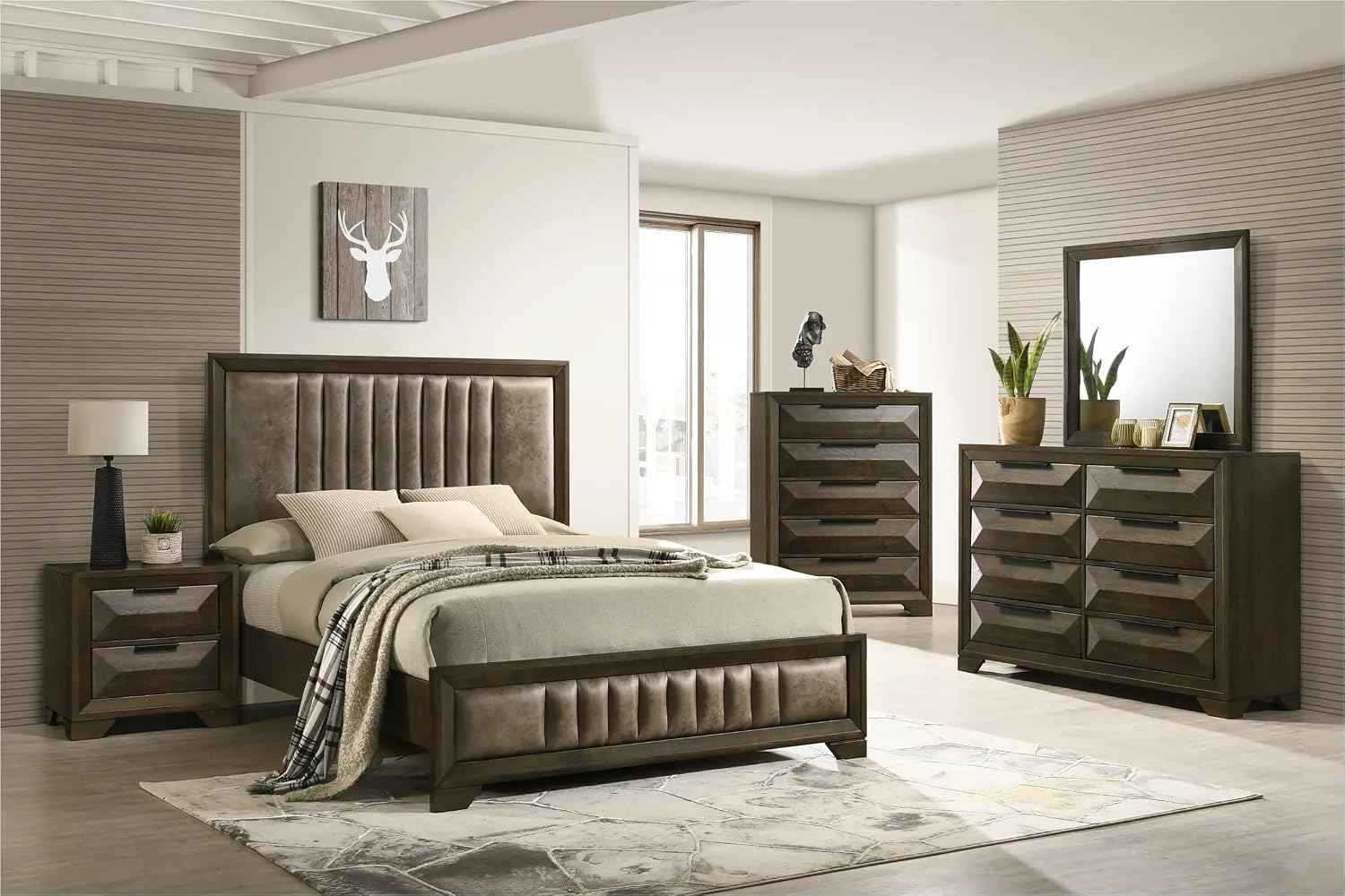 KB Designs – 5-Piece Contemporary Bedroom Set with King or Queen Size Upholstered Bed, Dresser, Mirror, Chest and Nightstand, Channel Tufted Headboard and Footboard Design, Walnut Finish