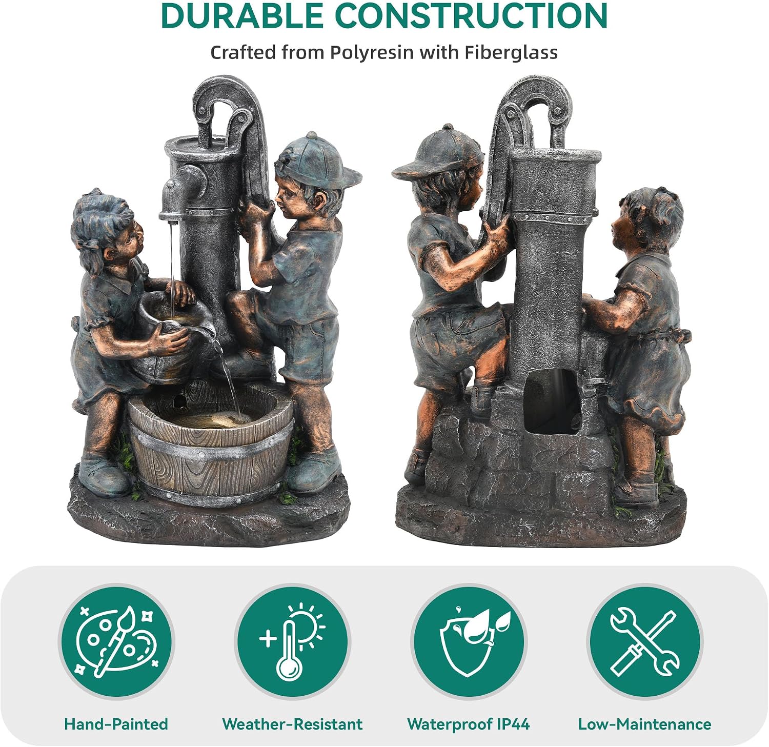26' Outdoor Fountain, 3-Tier Boy-Girl Playing with Faucet Water Feature with LED Lights, Antique Resin Soothing Cascading Waterfall for Patio, Backyard, Garden or Porch